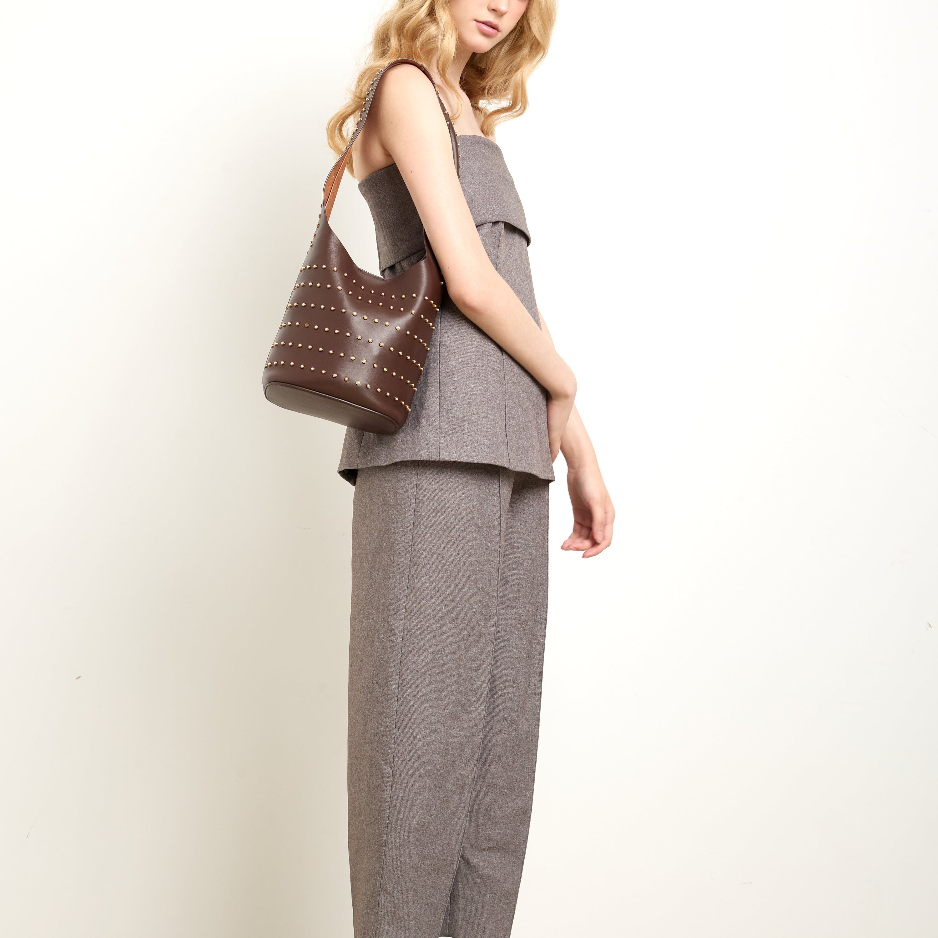 Vessel Chocolate Pearl Stud Bucket Bag