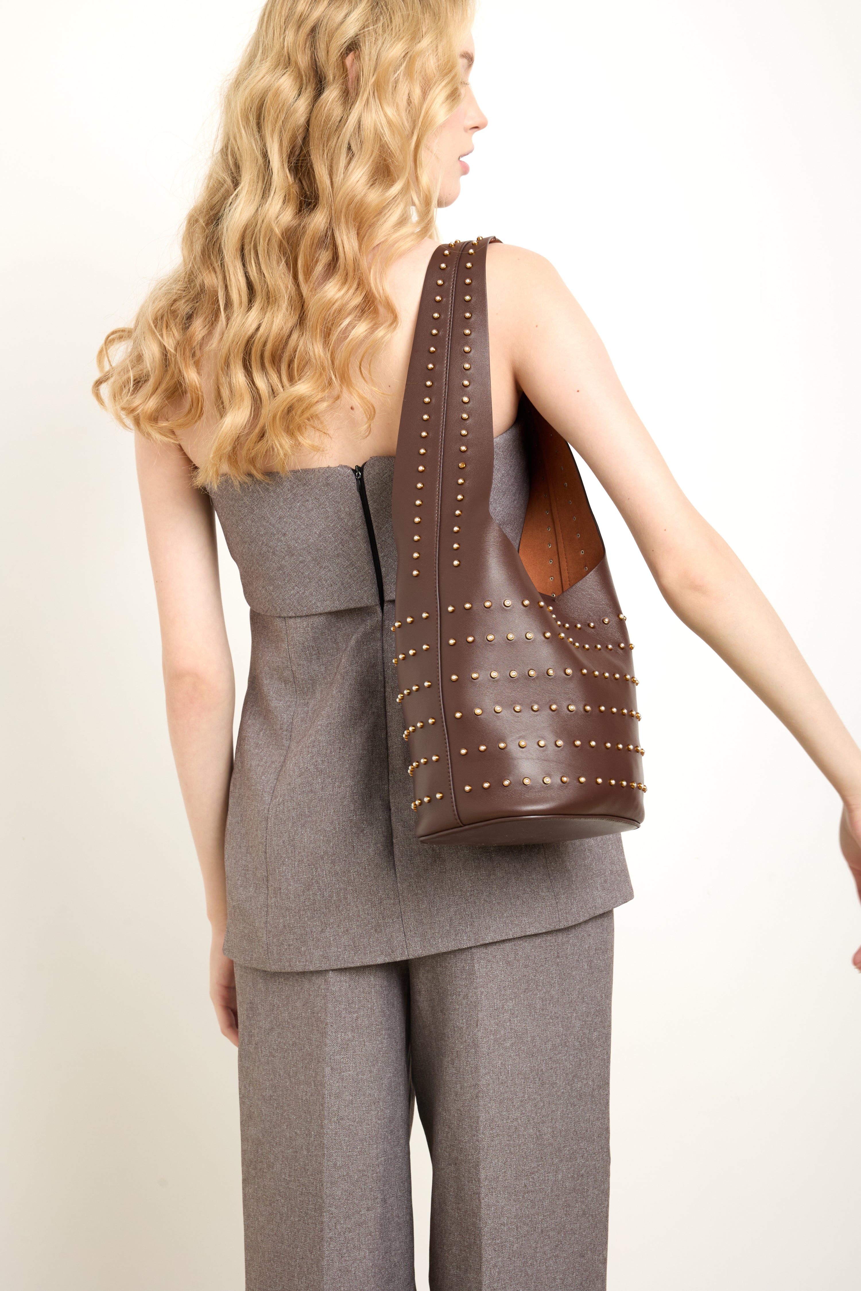 Vessel Chocolate Pearl Stud Bucket Bag