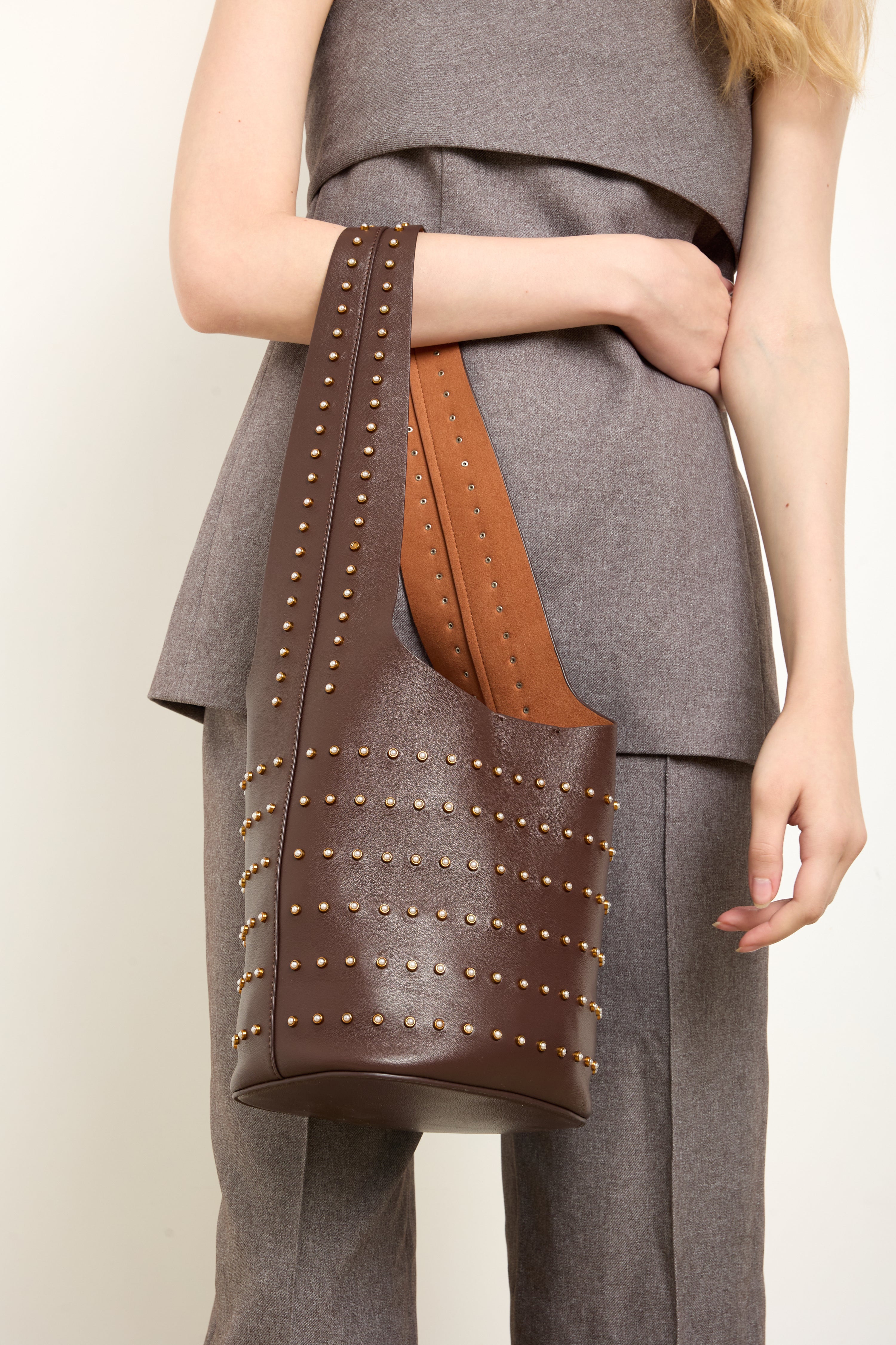 Vessel Chocolate Pearl Stud Bucket Bag