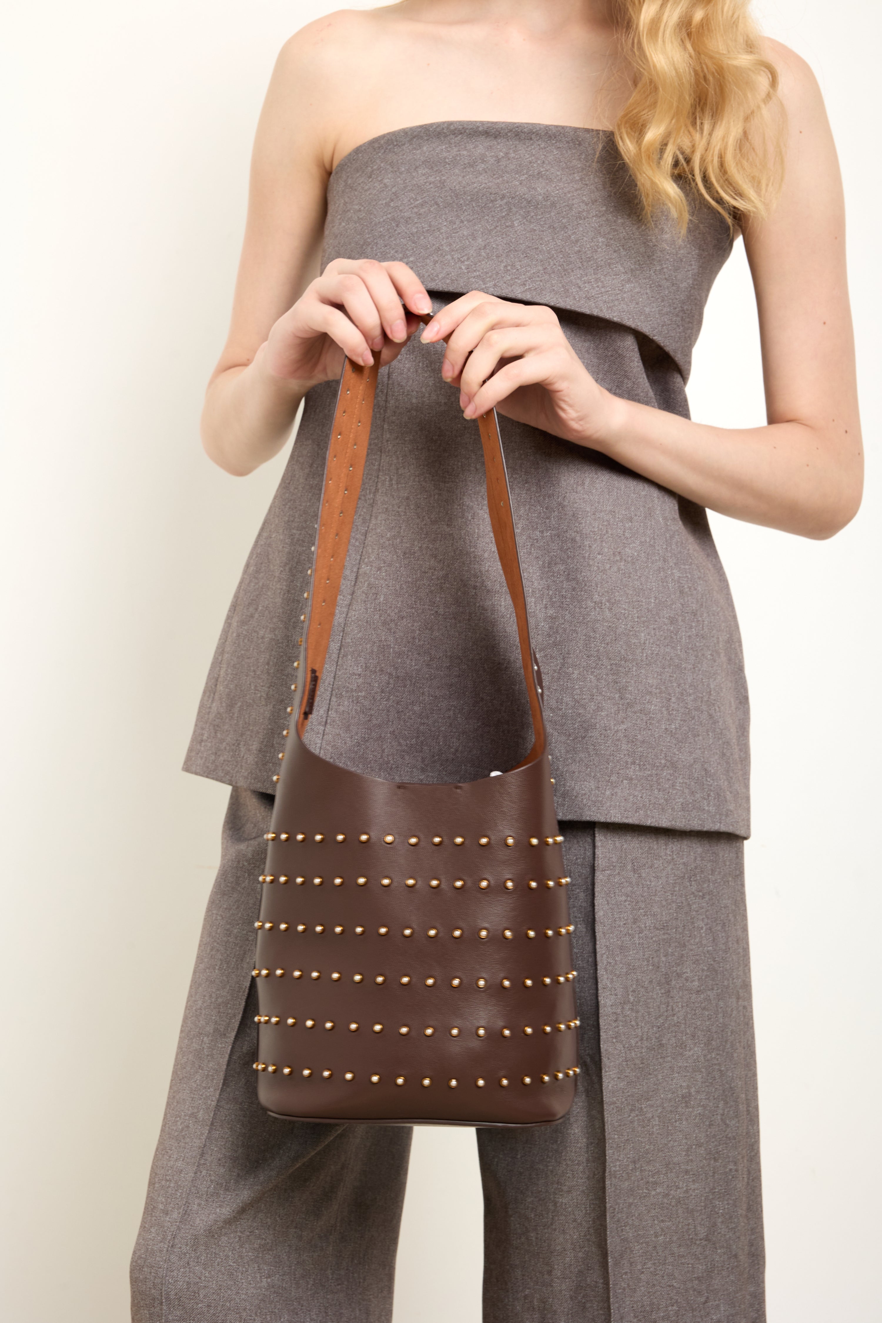 Vessel Chocolate Pearl Stud Bucket Bag