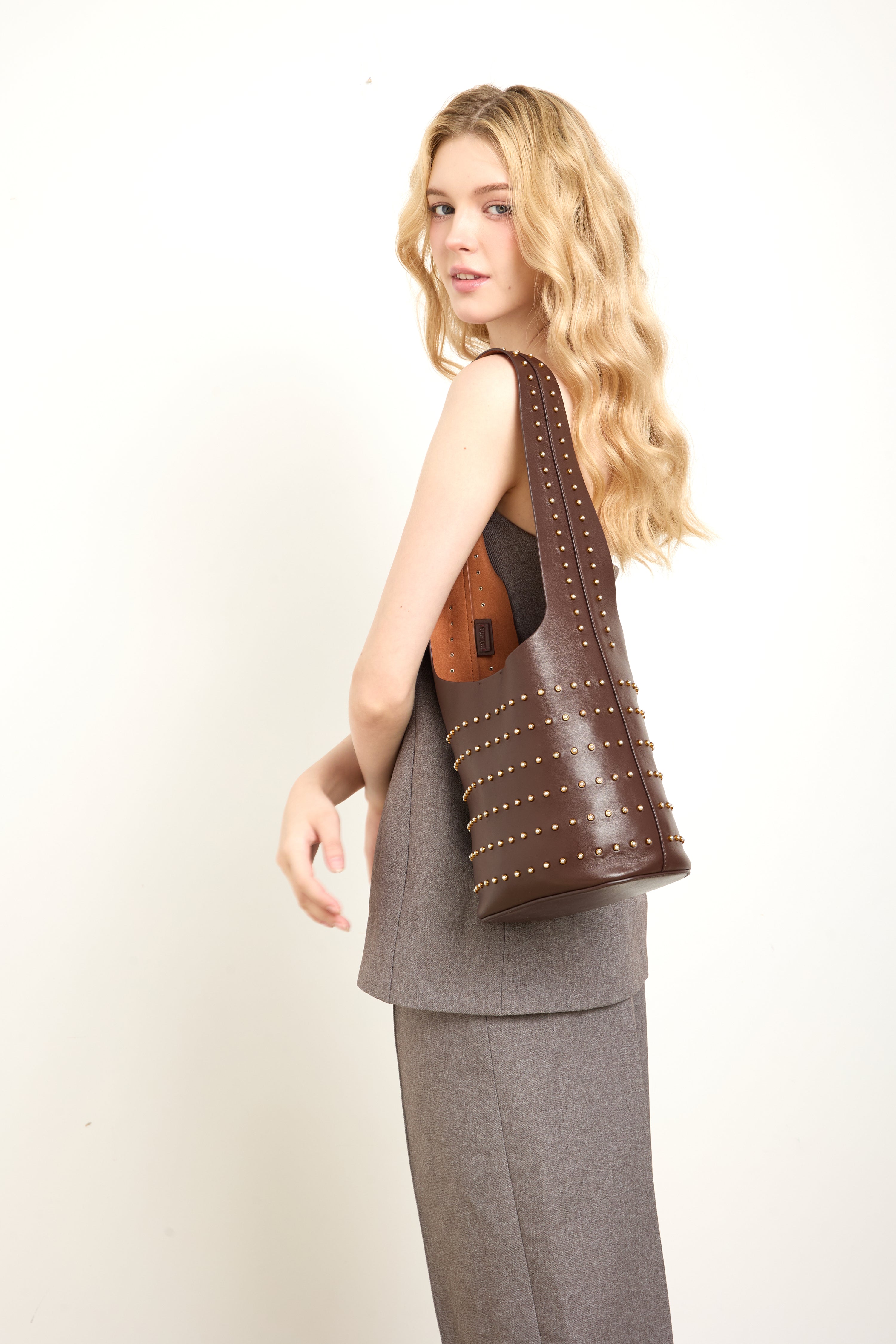 Vessel Chocolate Pearl Stud Bucket Bag