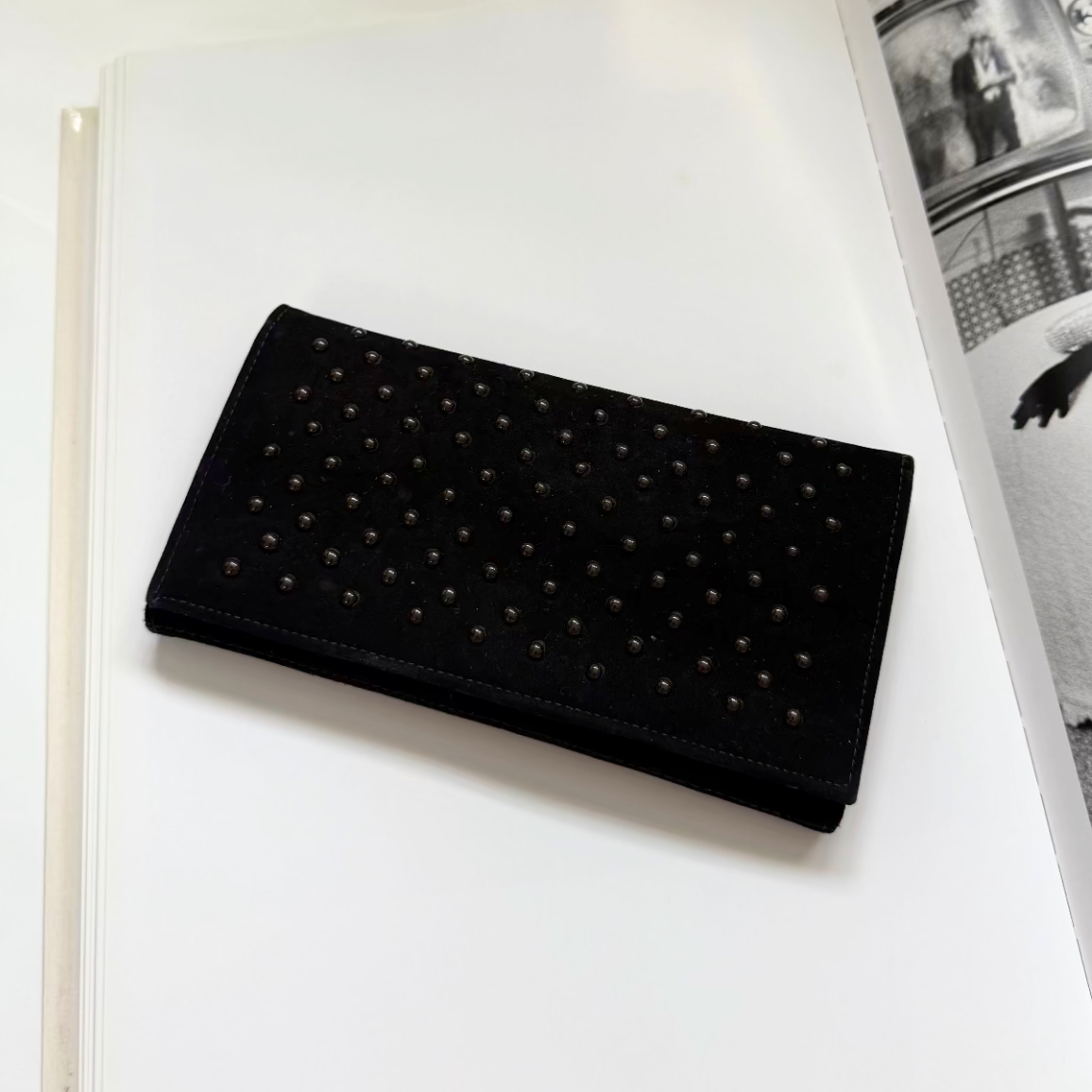 Vintage Trathen Calf Leather Black Velvet Purse with Black Studs