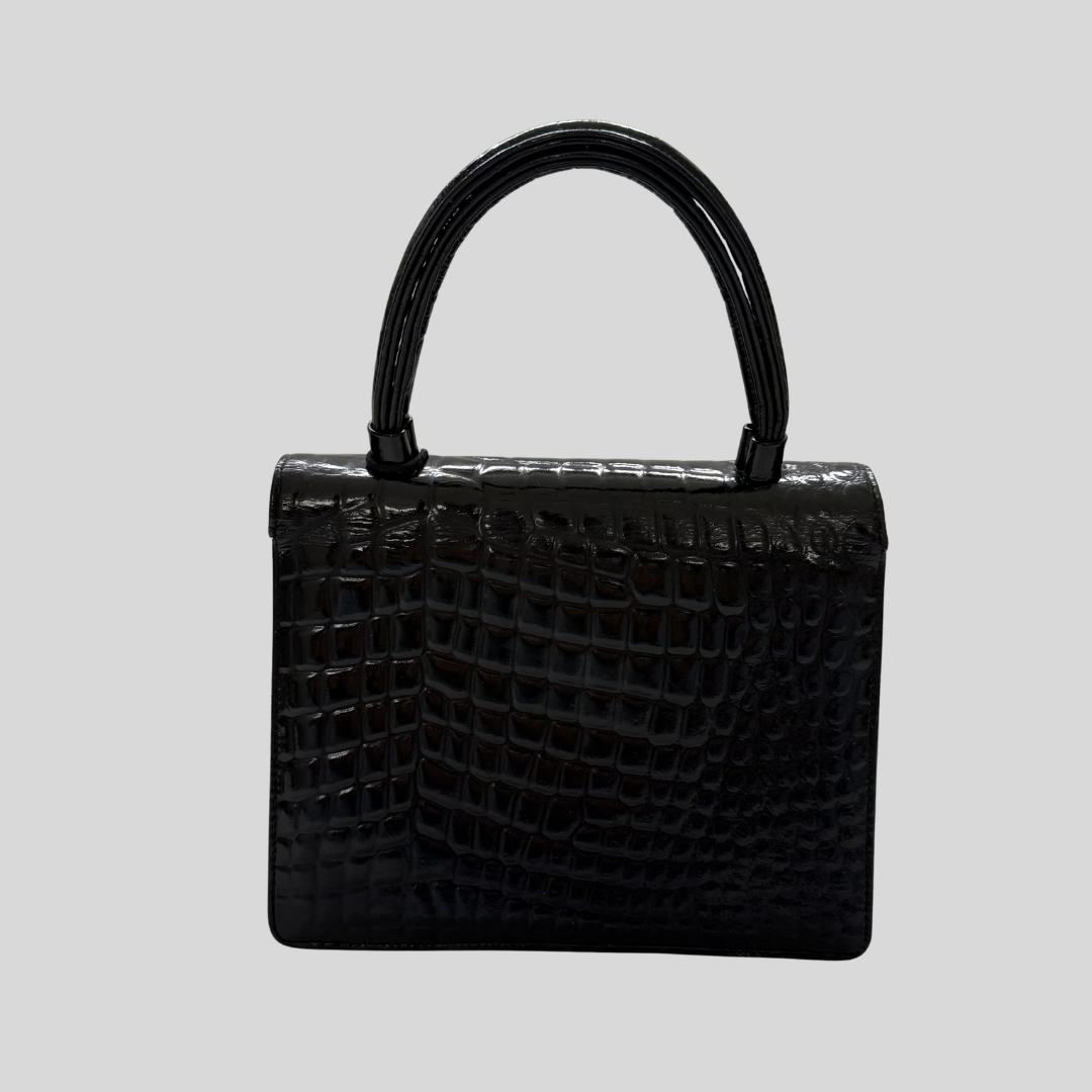 Vintage Patent Crocodile Embossed Leather Top Handle Bag