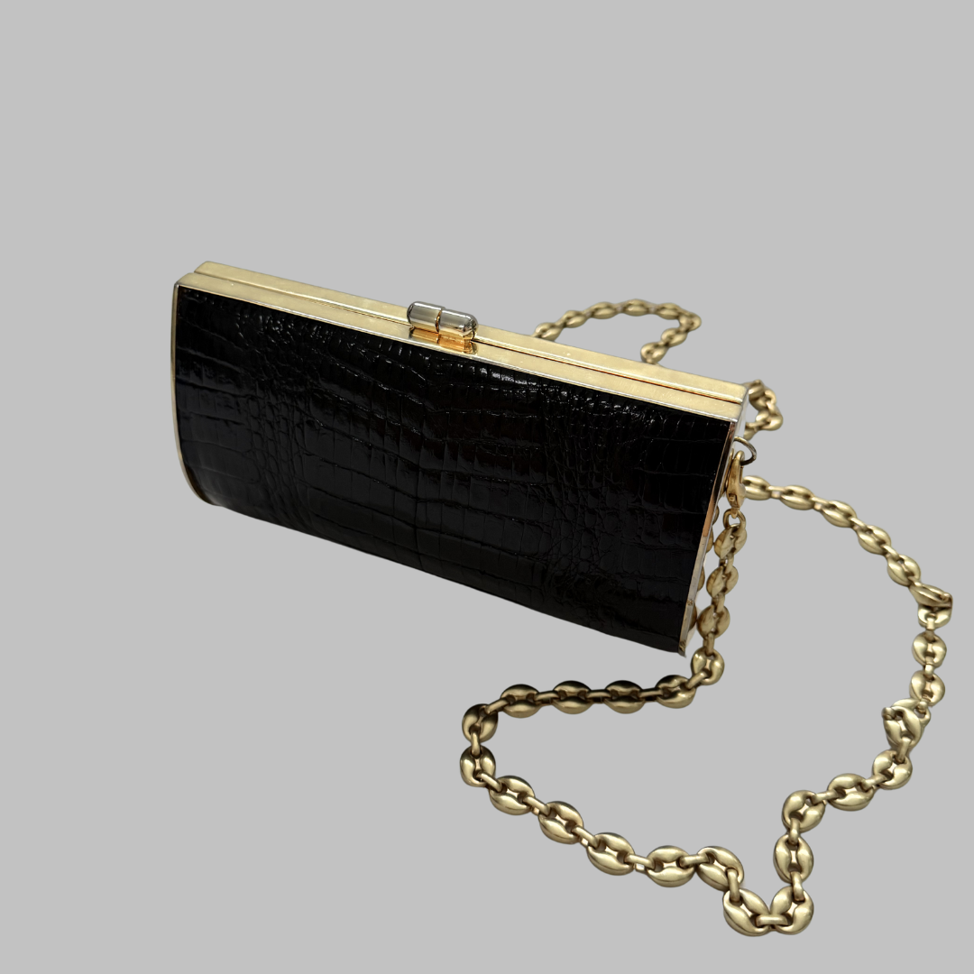 Vintage 80s Black Crocodile Embossed Evening Purse