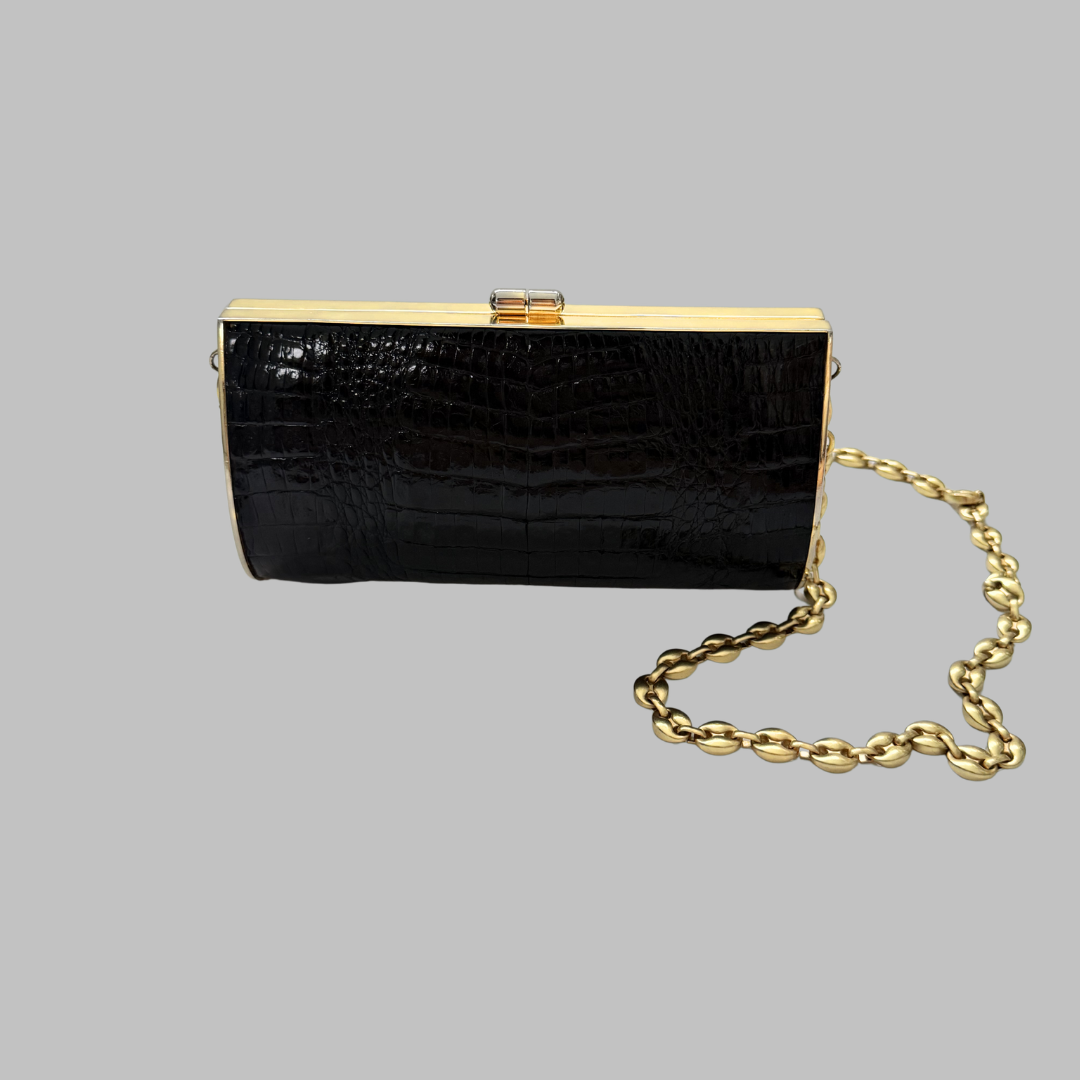 Vintage 80s Black Crocodile Embossed Evening Purse