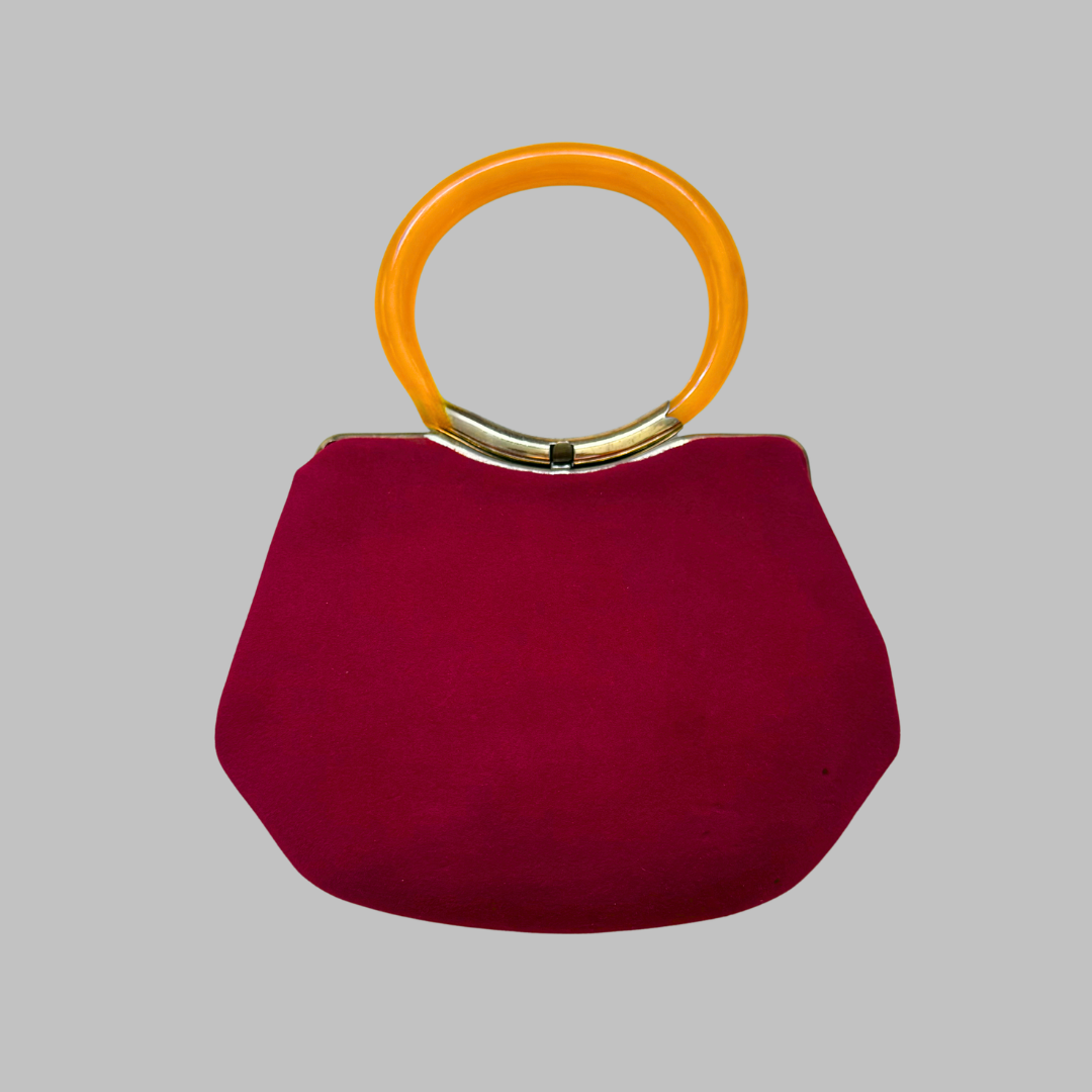 Vintage Mad Hatter Wool Evening Red Purse with Bakelite Ring