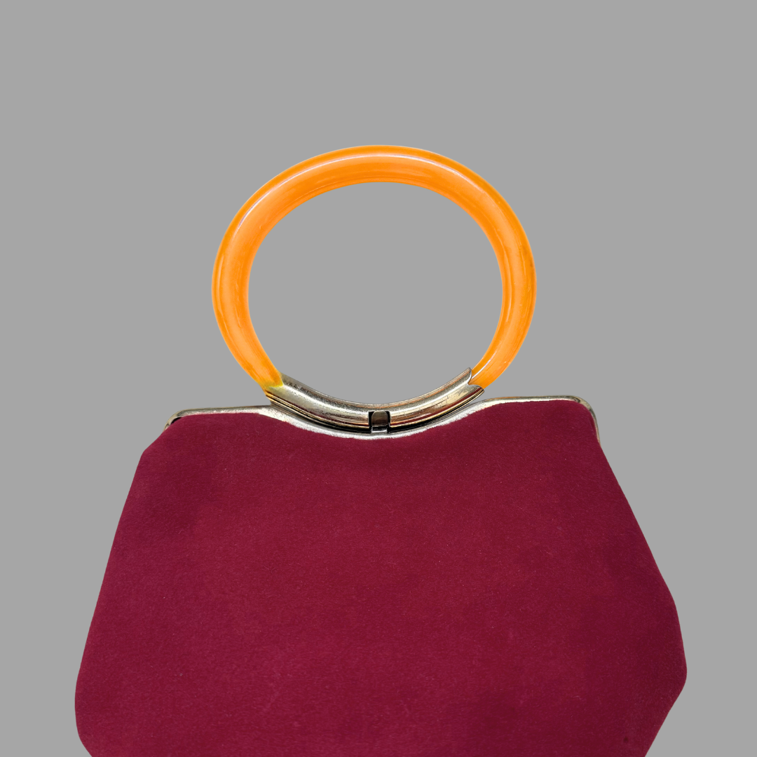Vintage Mad Hatter Wool Evening Red Purse with Bakelite Ring