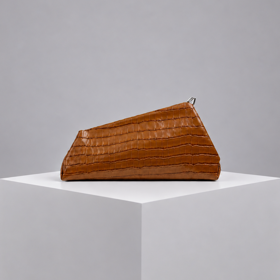 Le Twist Croco-Embossed Caramel Leather Clutch (PRE-ORDER)