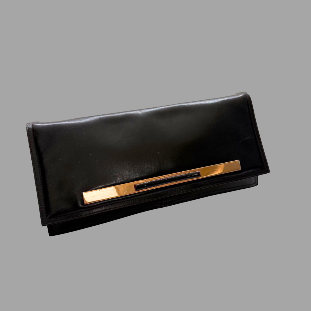 Vintage 1960s Chocolate Brown Leather Handbag with Resin and Brass Gold-plated Bar