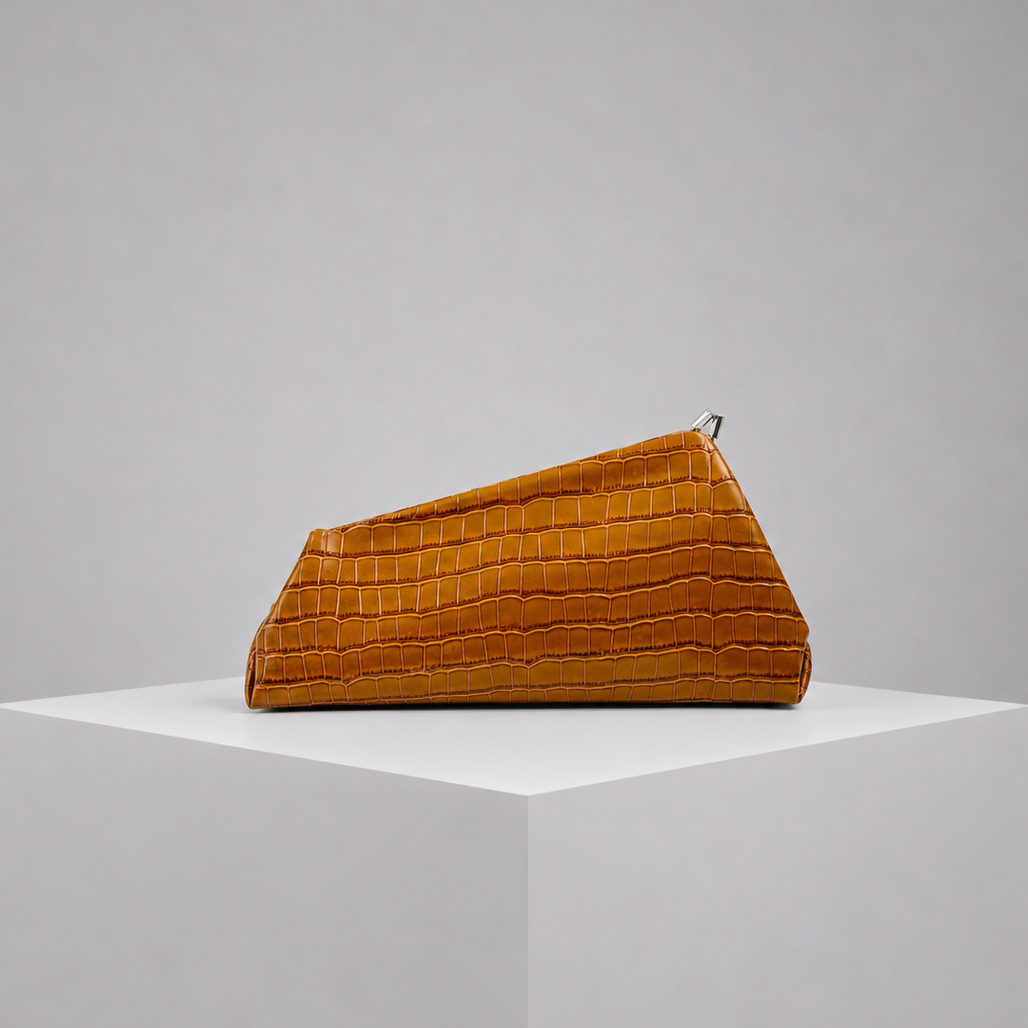 Le Twist Croco-Embossed Caramel Leather Clutch (PRE-ORDER)