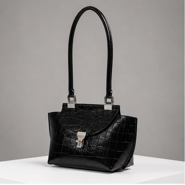 Le Bon 20 Black Croc Embossed Lightweight Leather Top Handle Bag