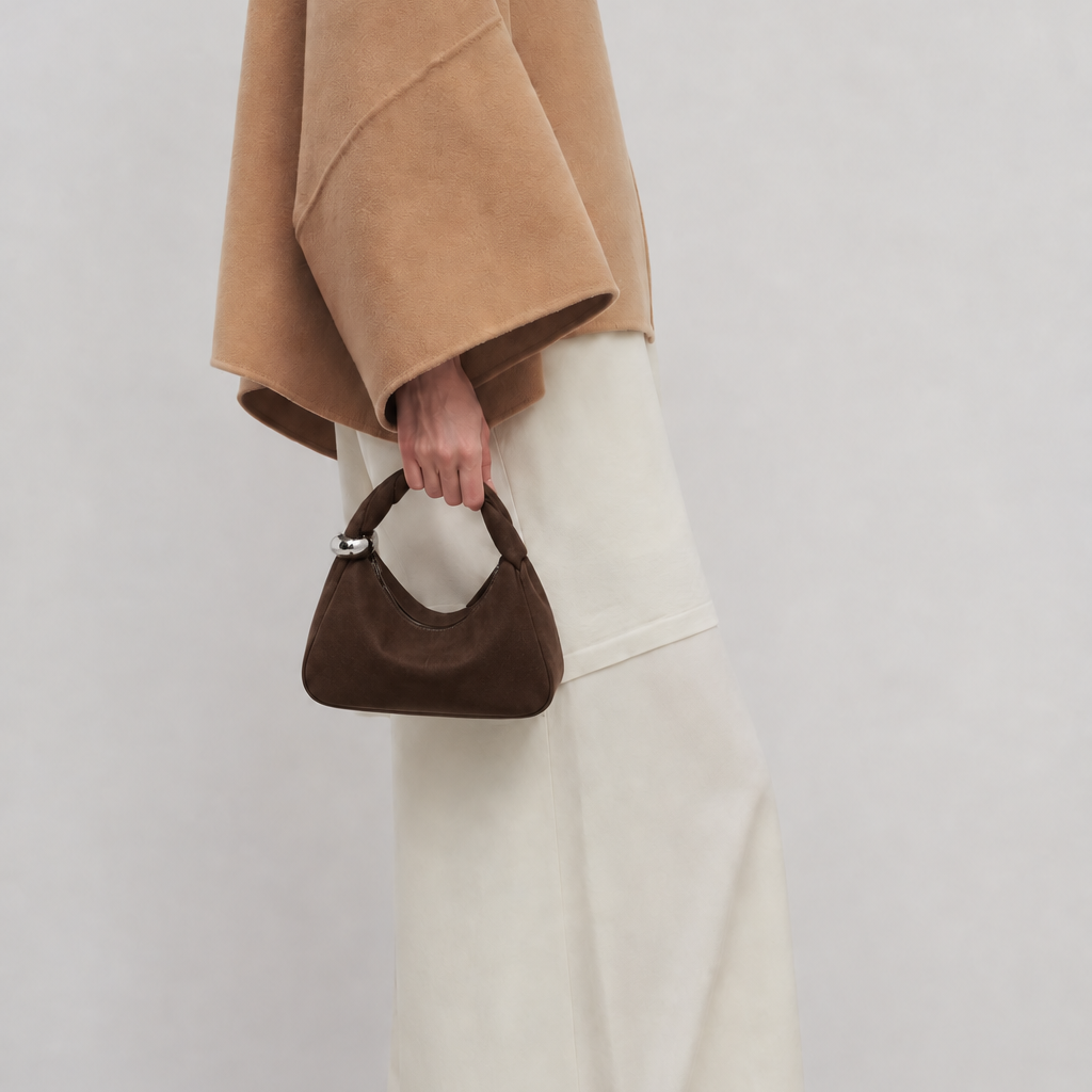 Orbit Lightweight Coffee Suede Sculptural Bag