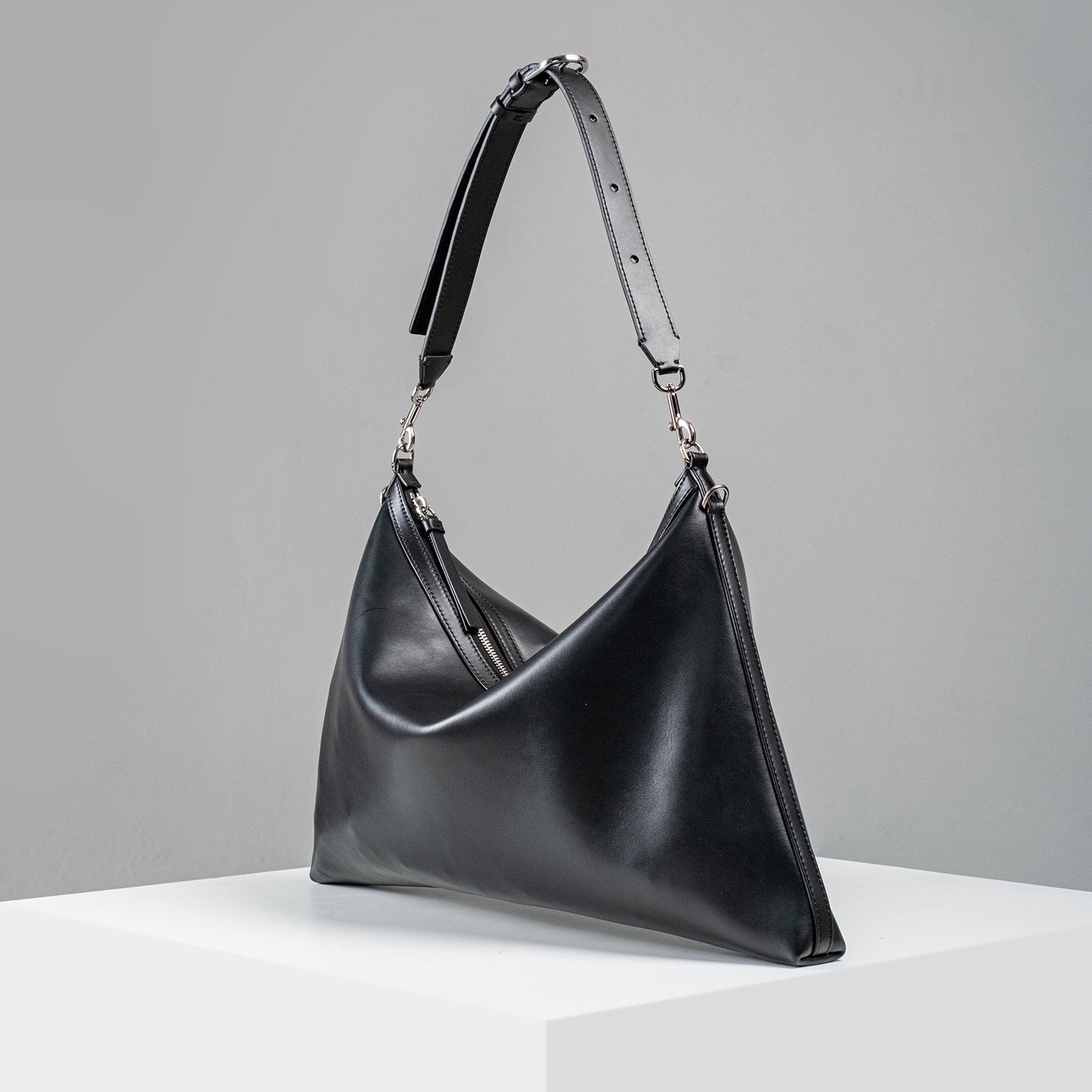 Helix Glossy Black Lightweight Leather Shoulder Bag
