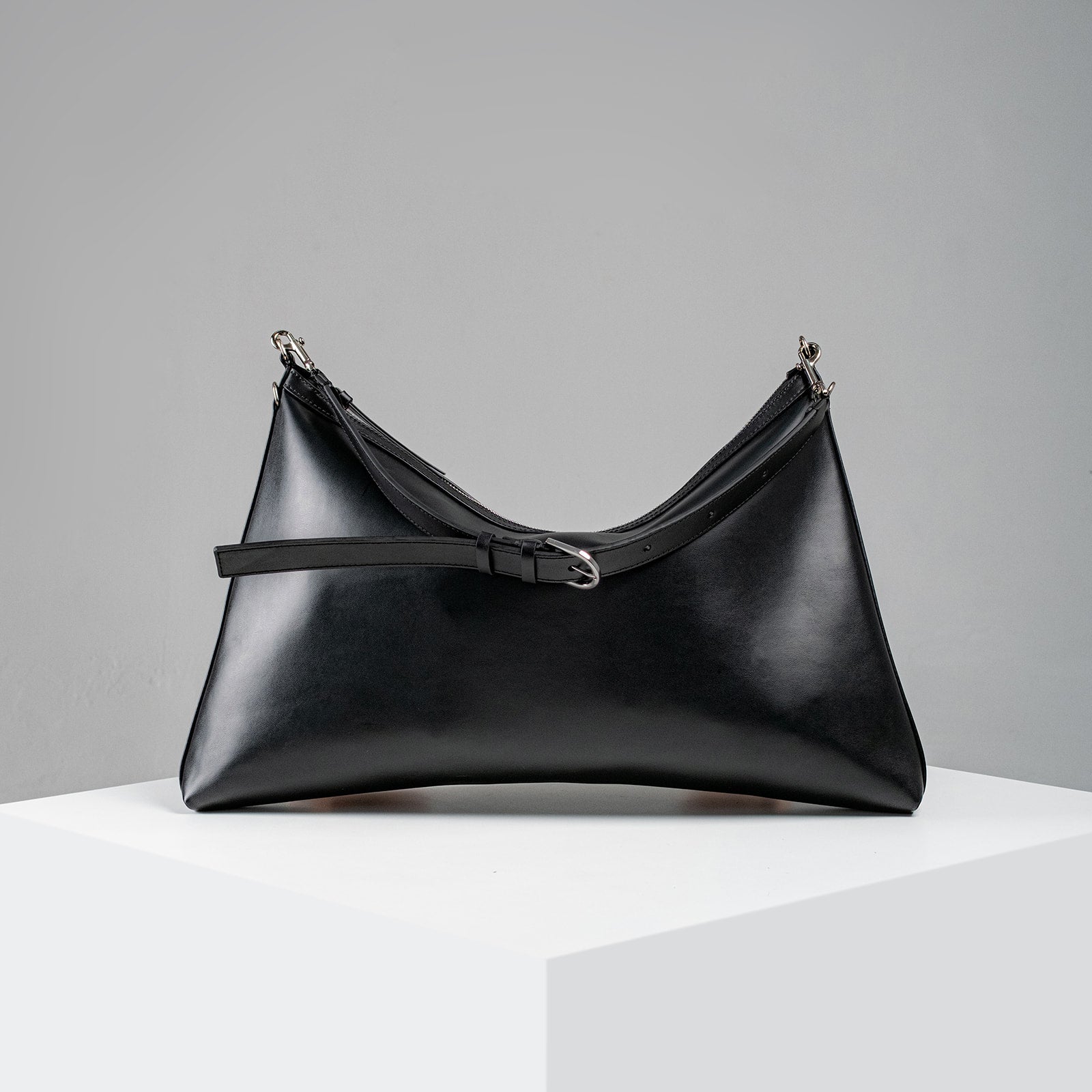 Helix Glossy Black Lightweight Leather Shoulder Bag