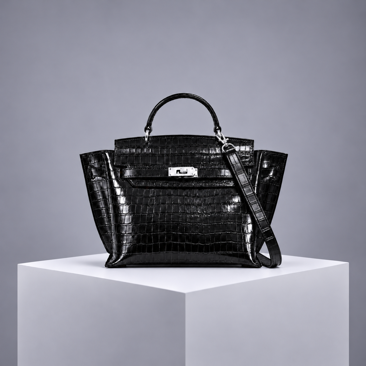 Le H 26 Black Croco-Embossed Leather Top Handle (PRE-ORDER)