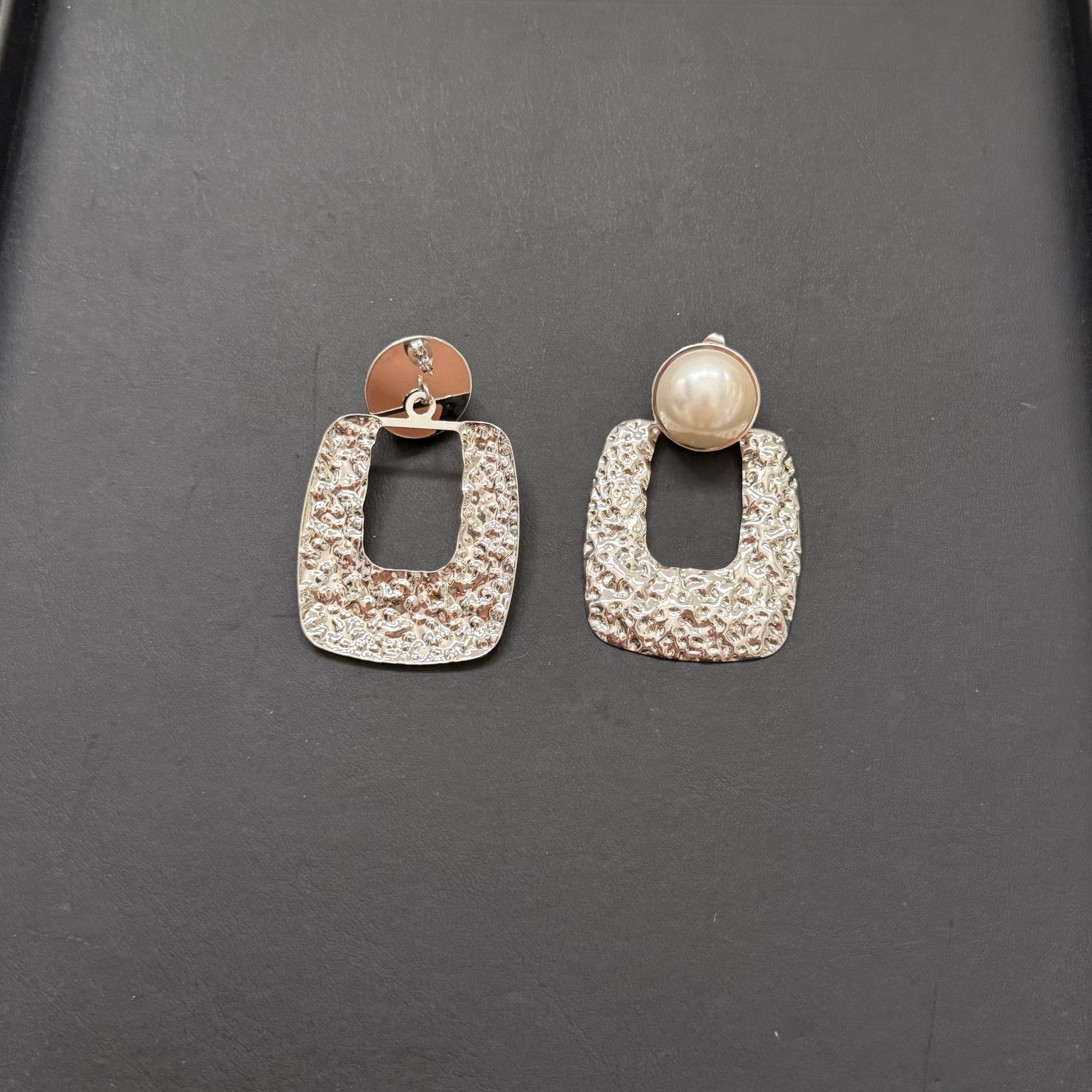 Statement Silver Geometric Earrings with Chunky Faux Pearl (NEW)