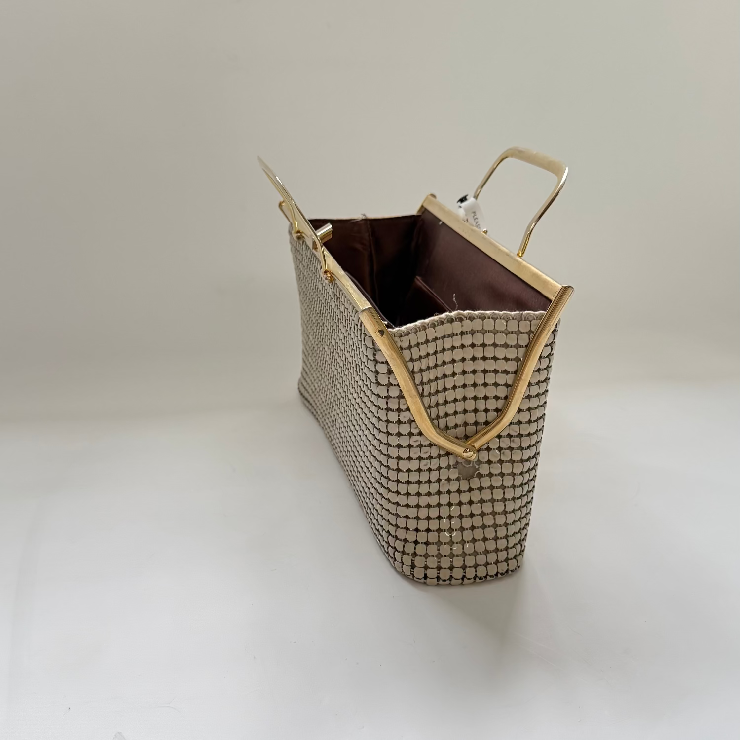 Vintage 1970s Cream Metal Mesh Gold Frame Top Handle  Purse Bag