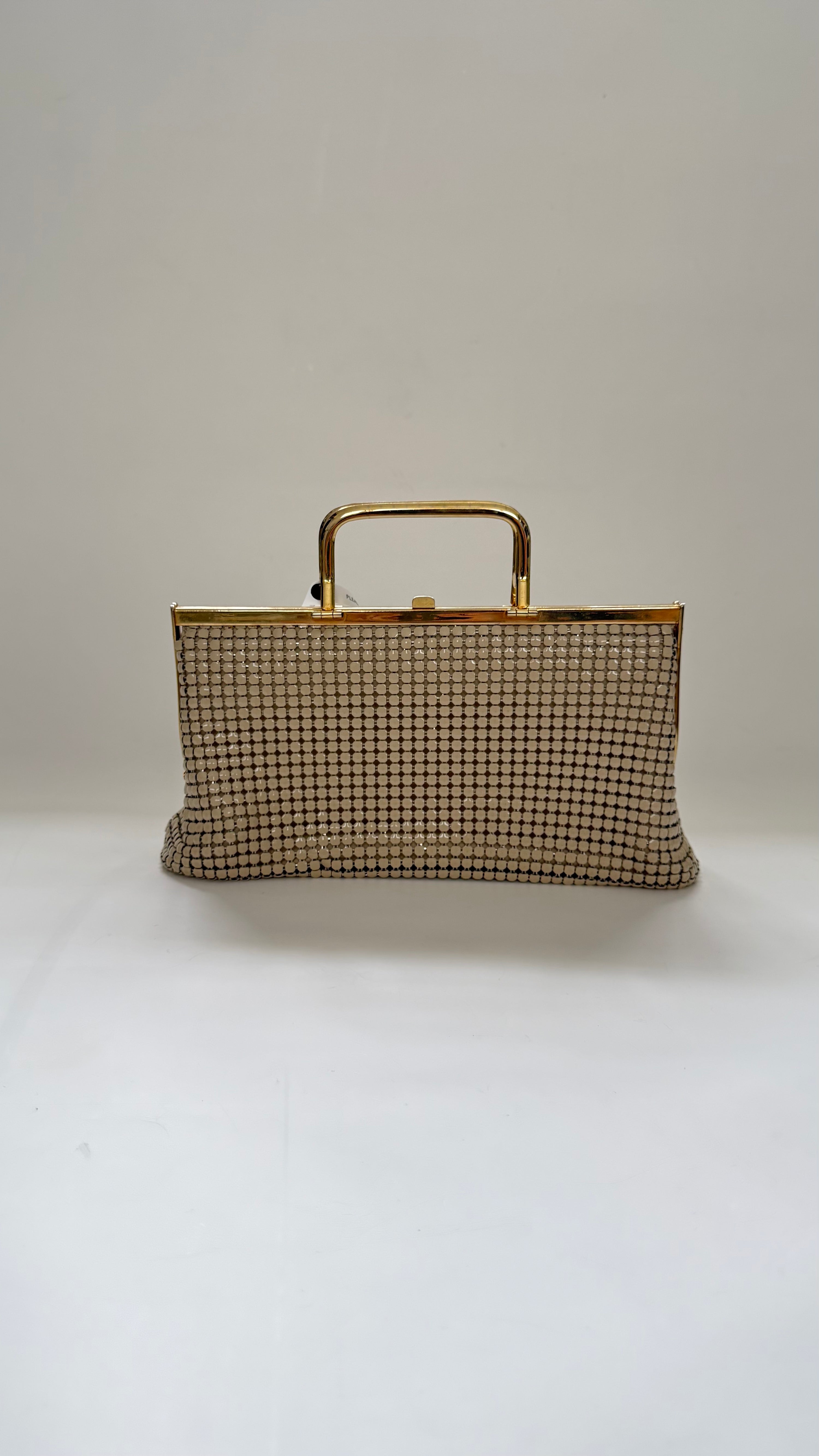 Vintage 1970s Cream Metal Mesh Gold Frame Top Handle  Purse Bag