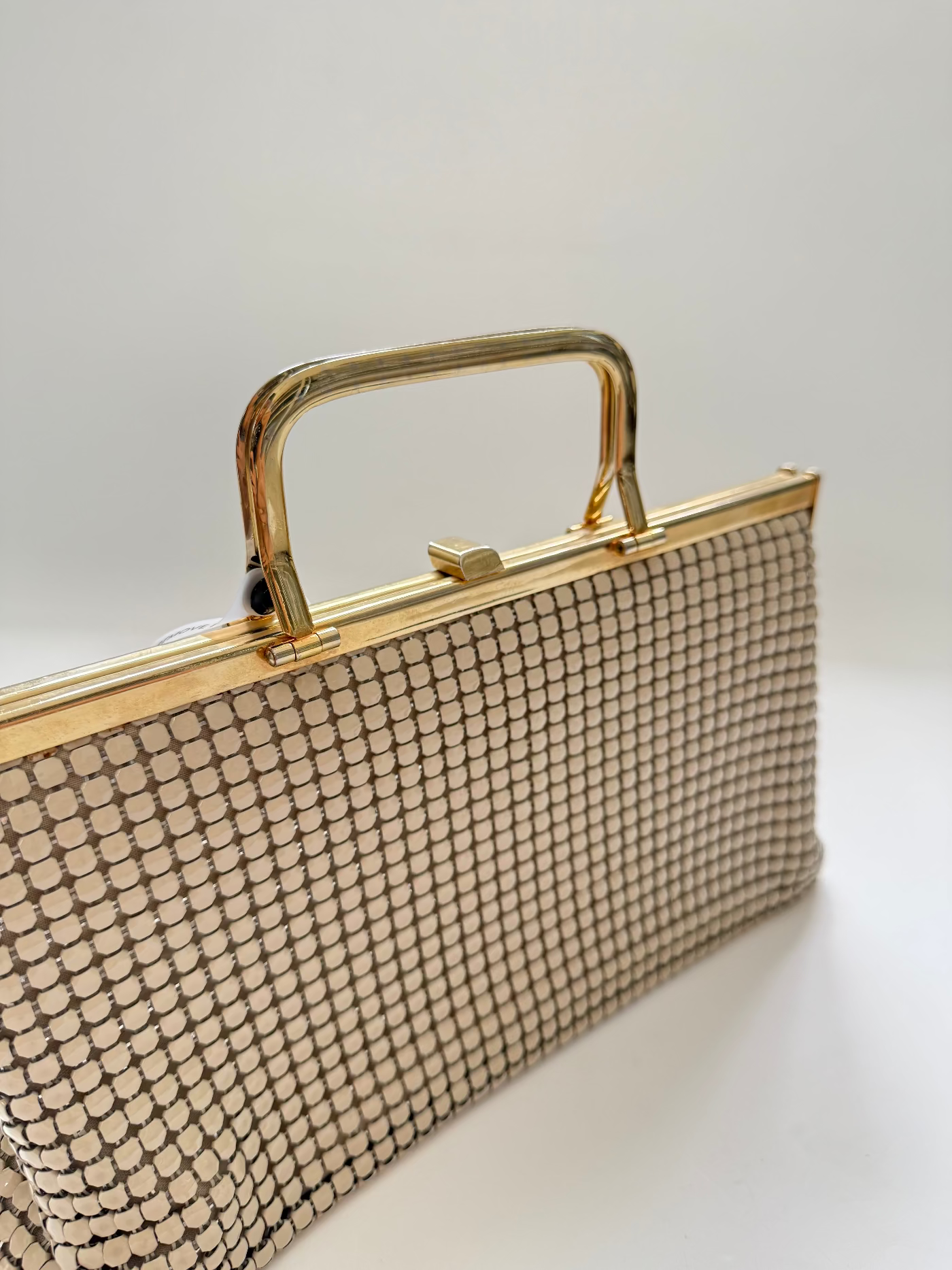 Vintage 1970s Cream Metal Mesh Gold Frame Top Handle  Purse Bag