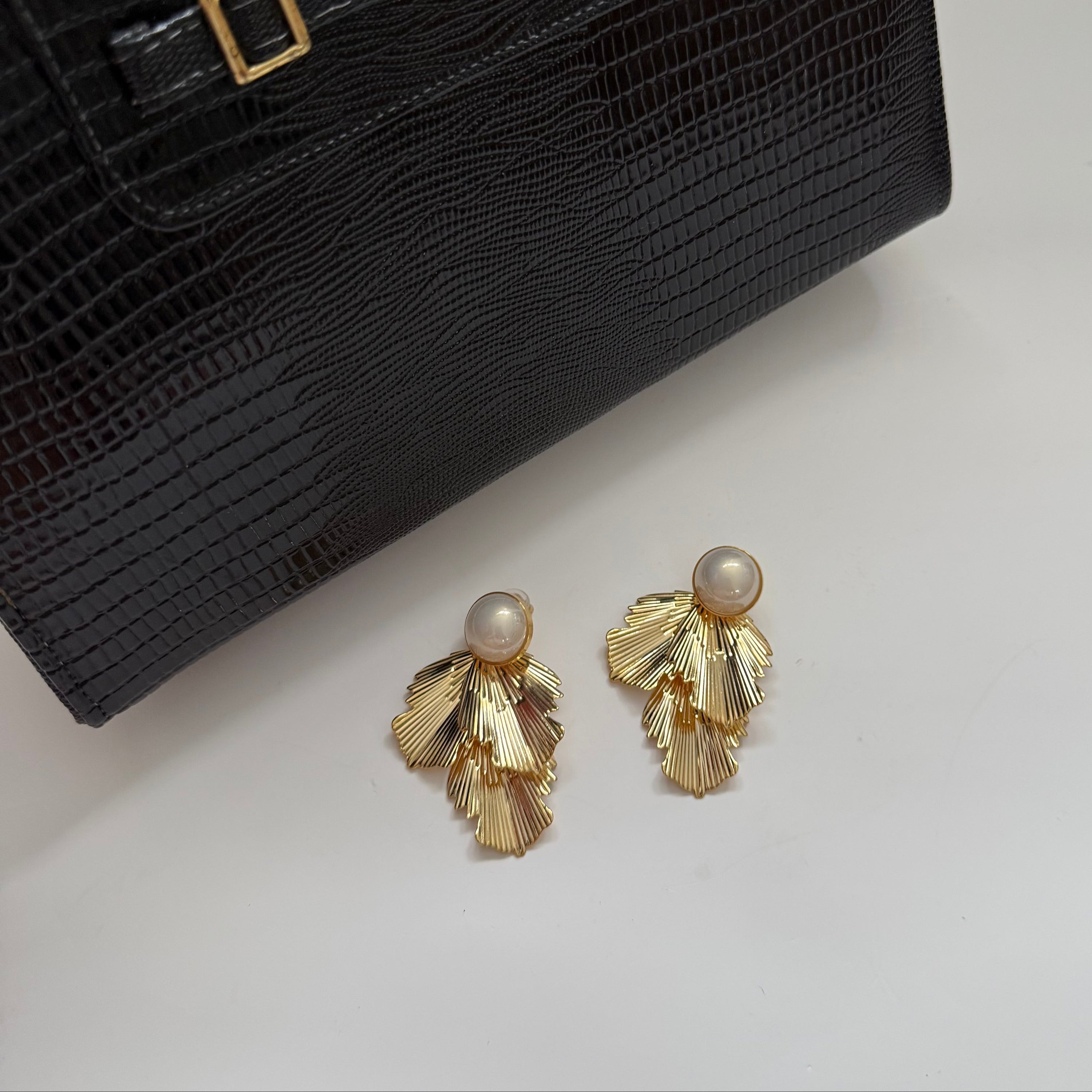Faux Pearl Gold Chunky Leaf Earrings