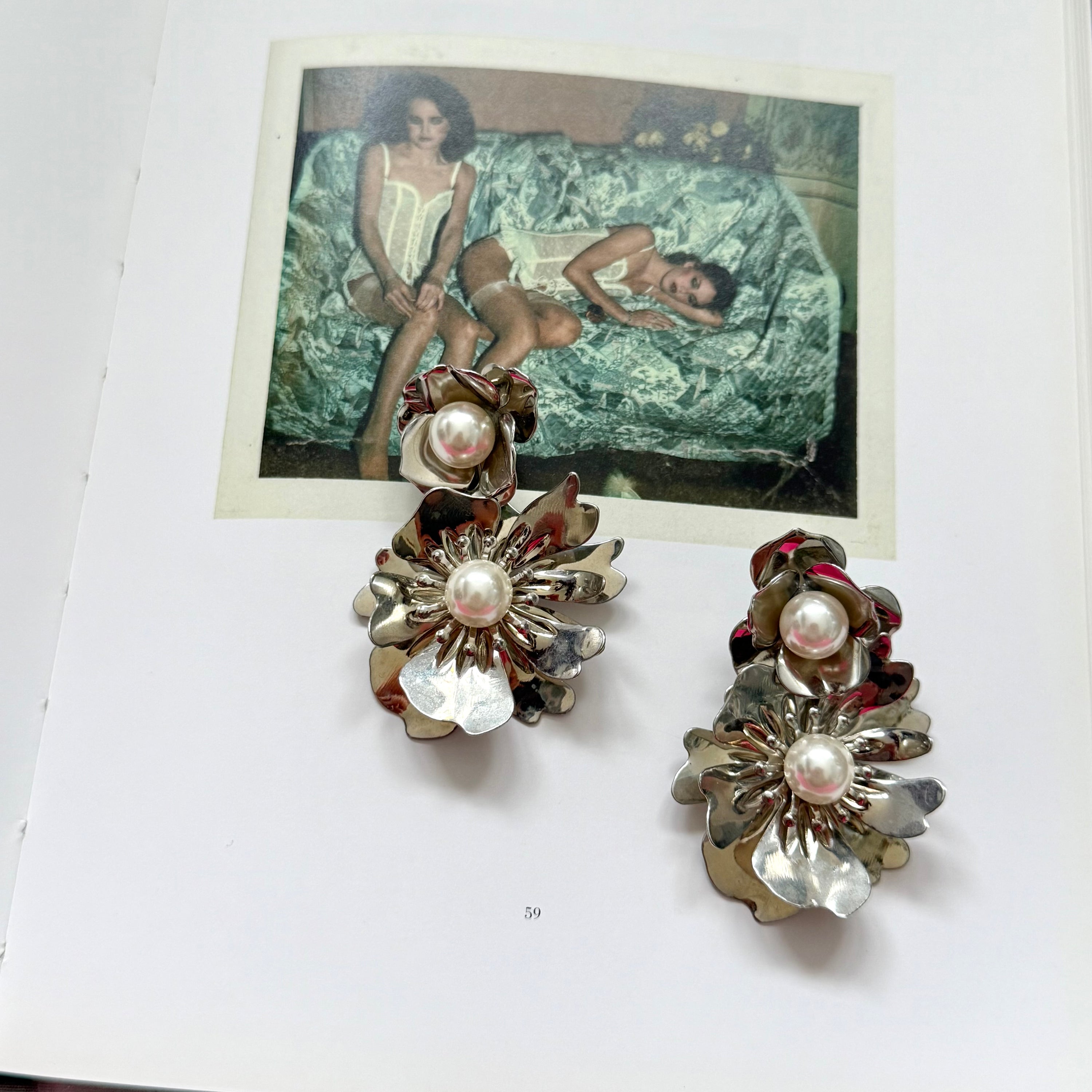 Silver Statement Dangling Flower Silver with faux pearl Earrings