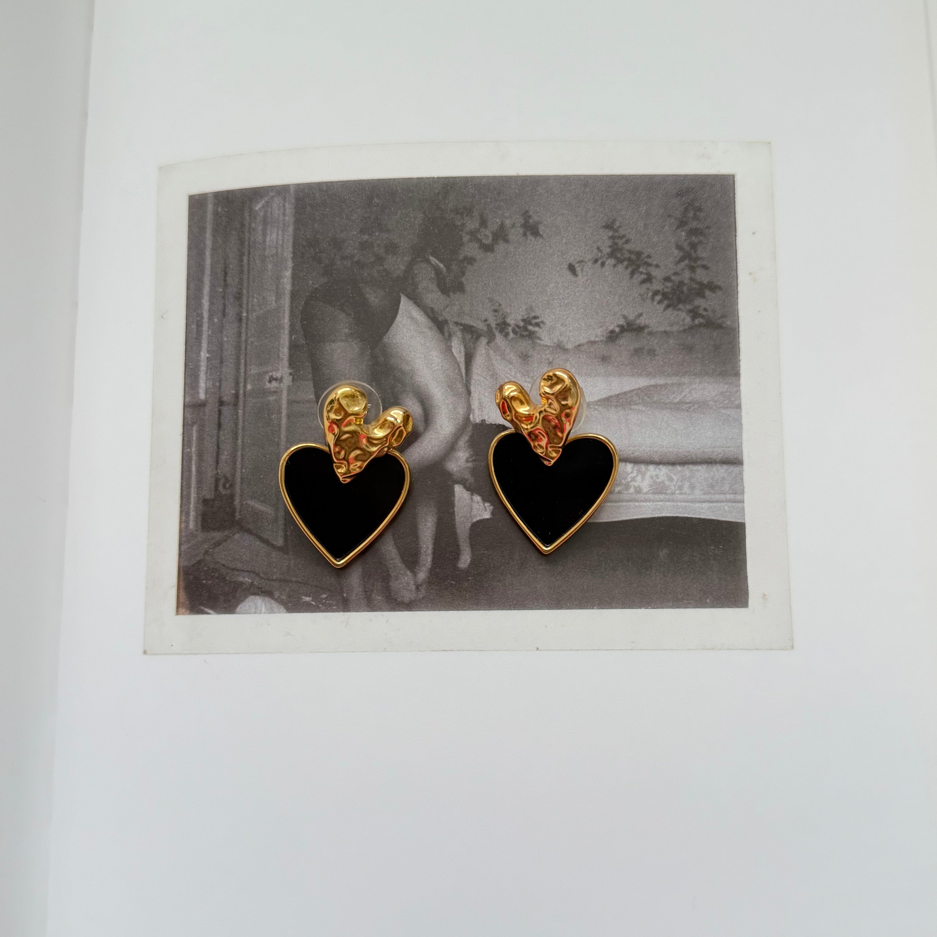 Gold Tone Heart and Black Enamel Dangling Heart Earrings