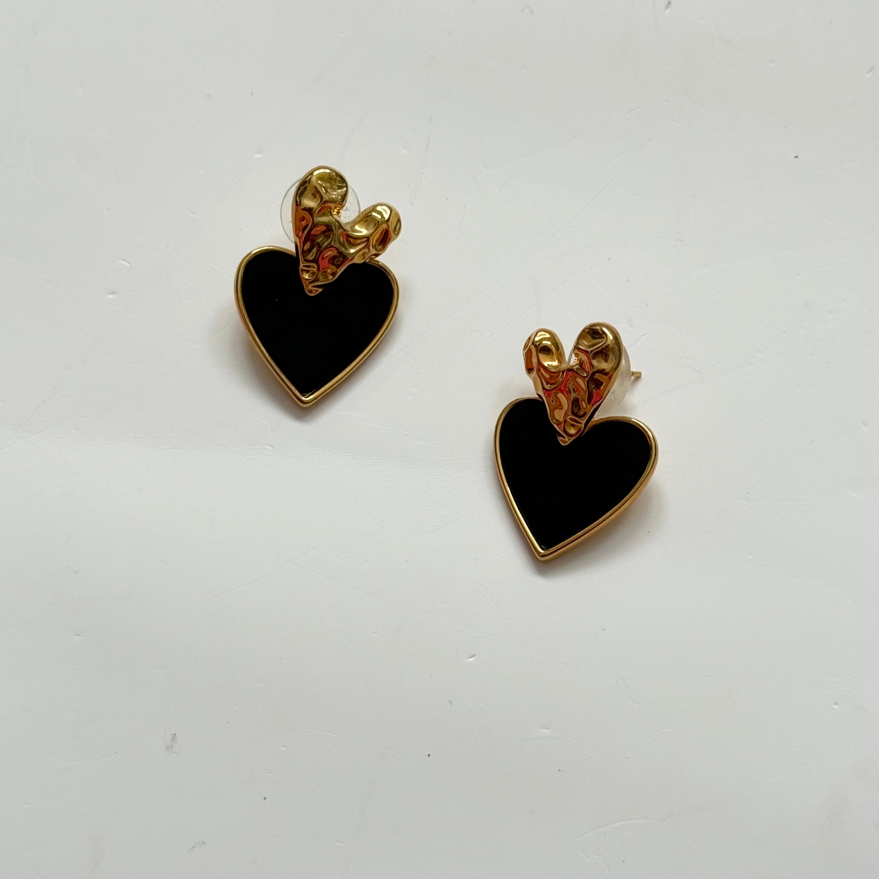 Gold Tone Heart and Black Enamel Dangling Heart Earrings
