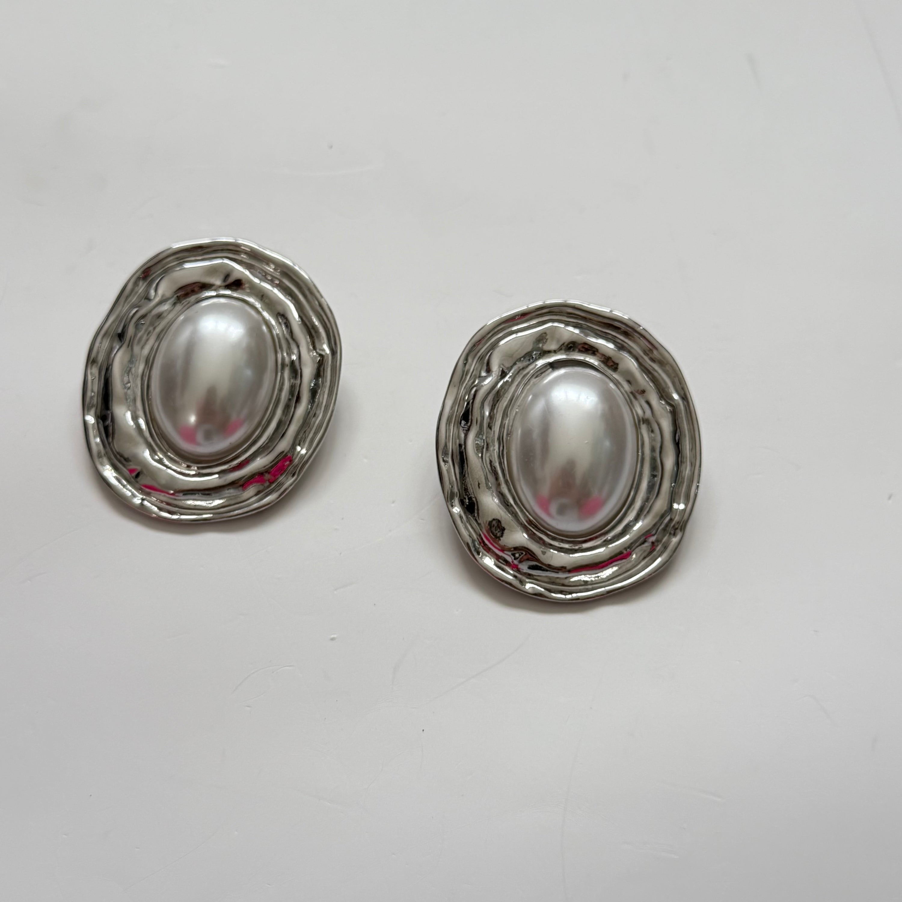 Silver Abstract Chunky Oval Statement Earrings