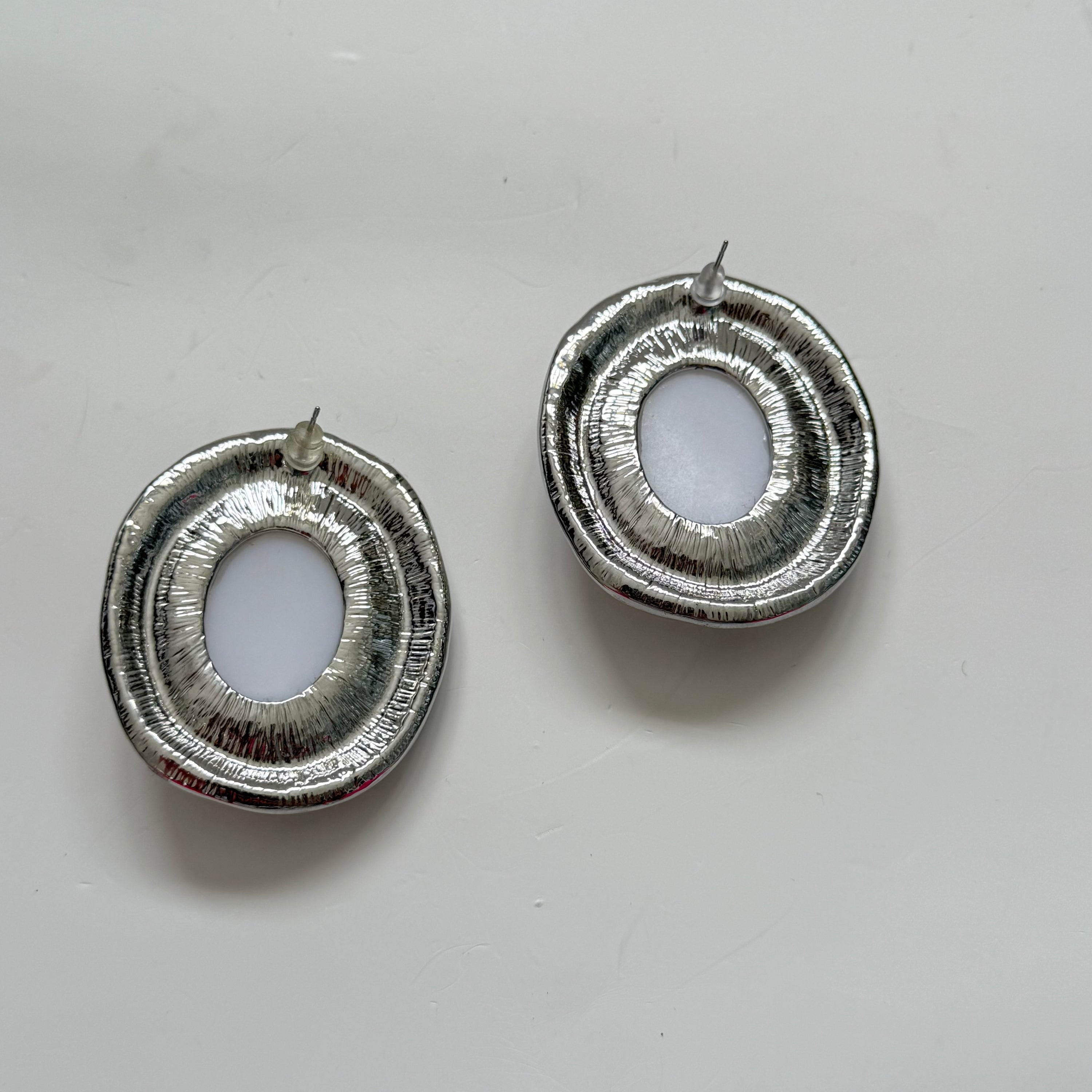 Silver Abstract Chunky Oval Statement Earrings