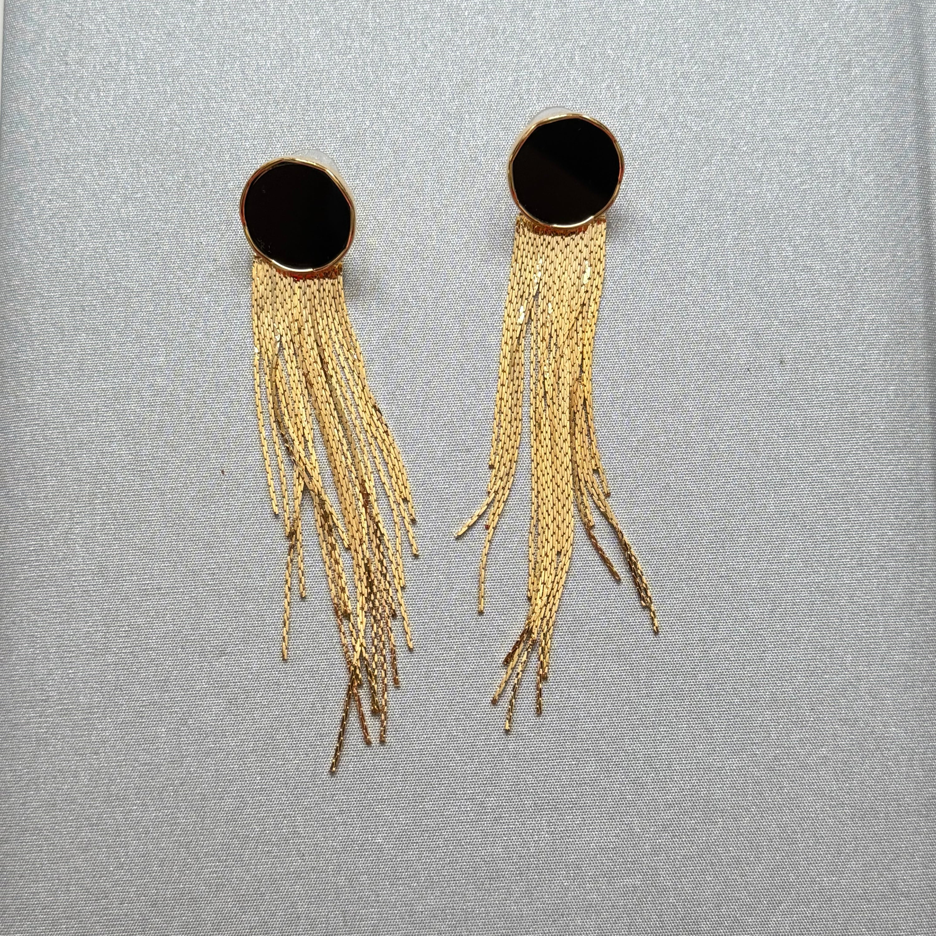 Gold Tone Sway Dangling Black Enamel Long Chain Earrings