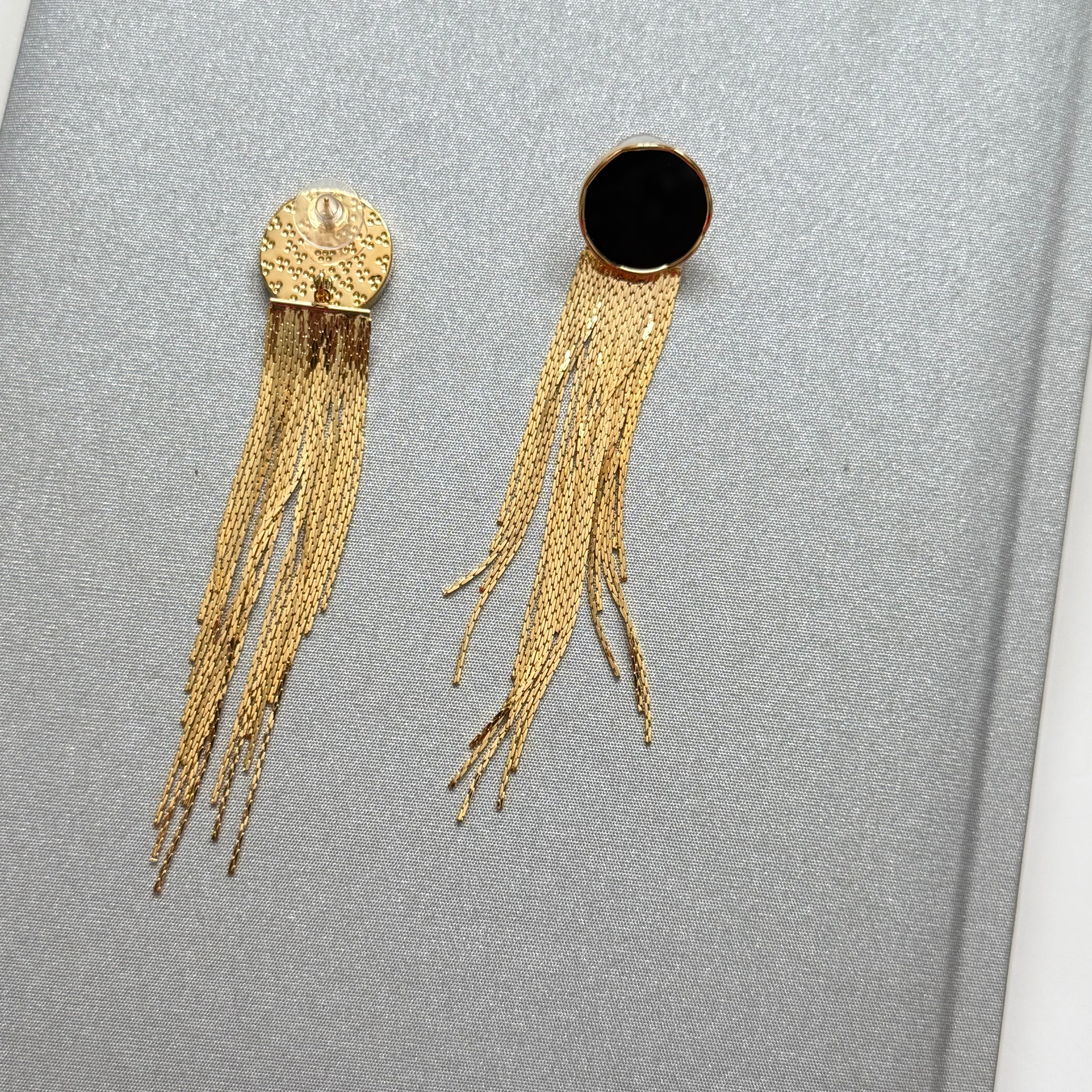 Gold Tone Sway Dangling Black Enamel Long Chain Earrings