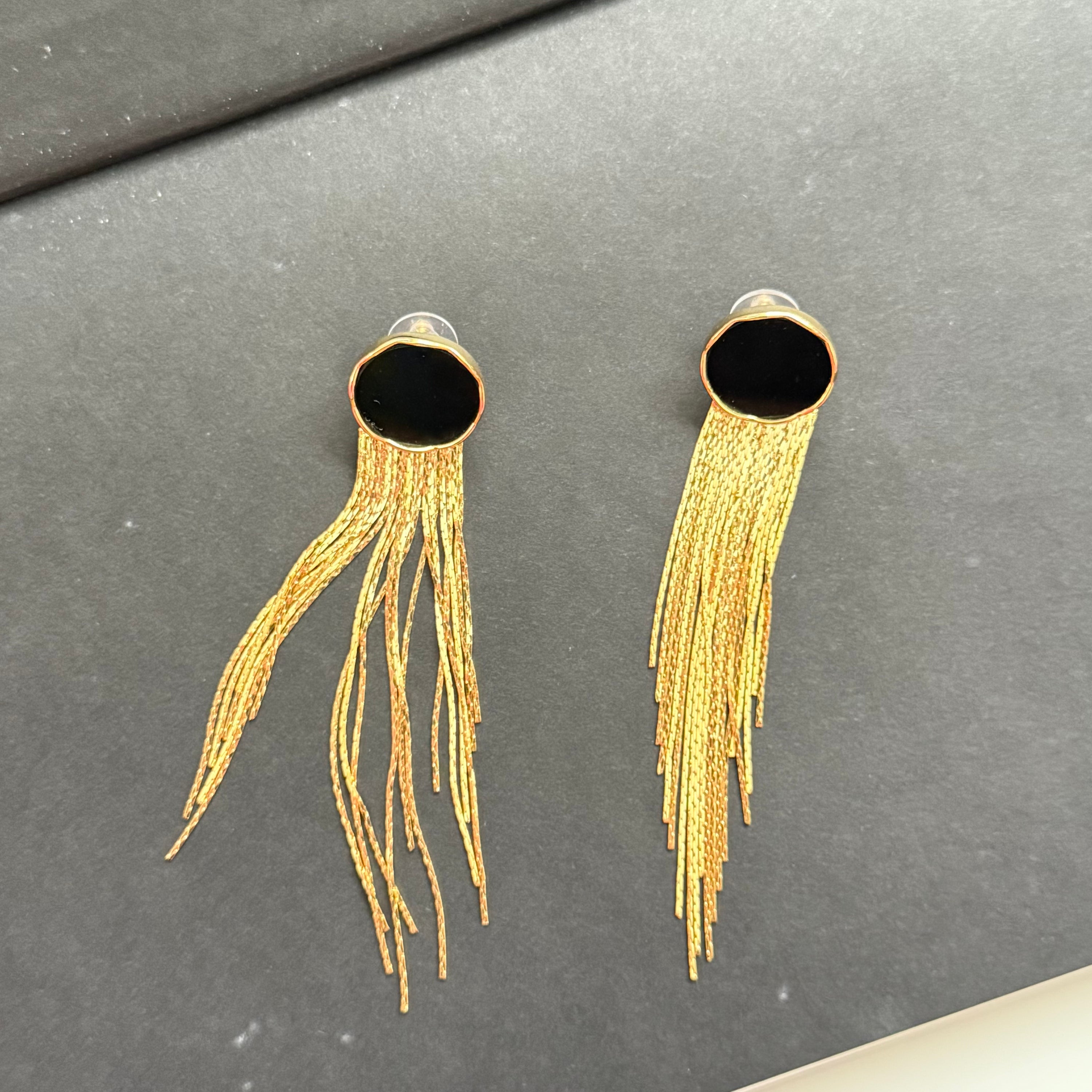Gold Tone Sway Dangling Black Enamel Long Chain Earrings