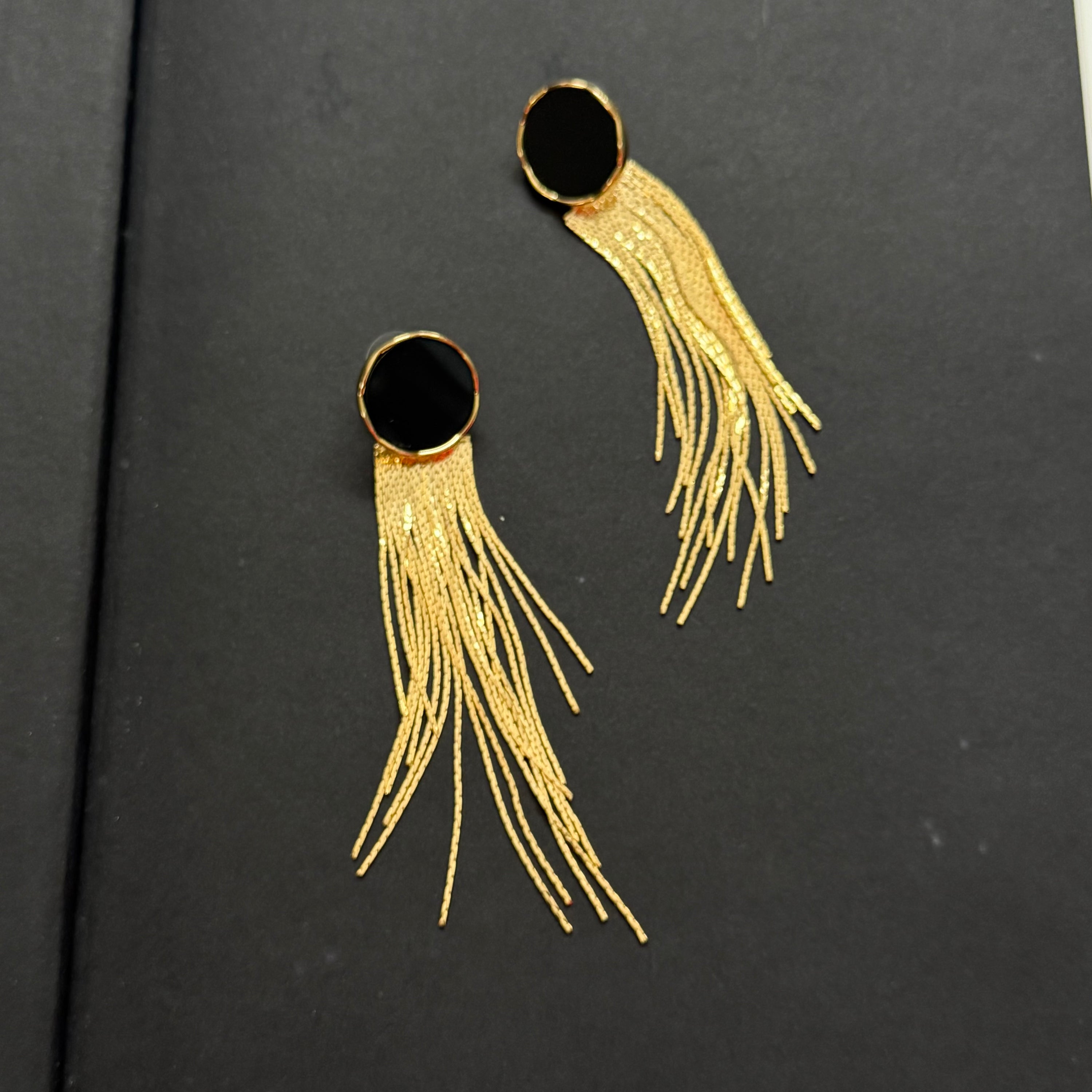 Gold Tone Sway Dangling Black Enamel Long Chain Earrings