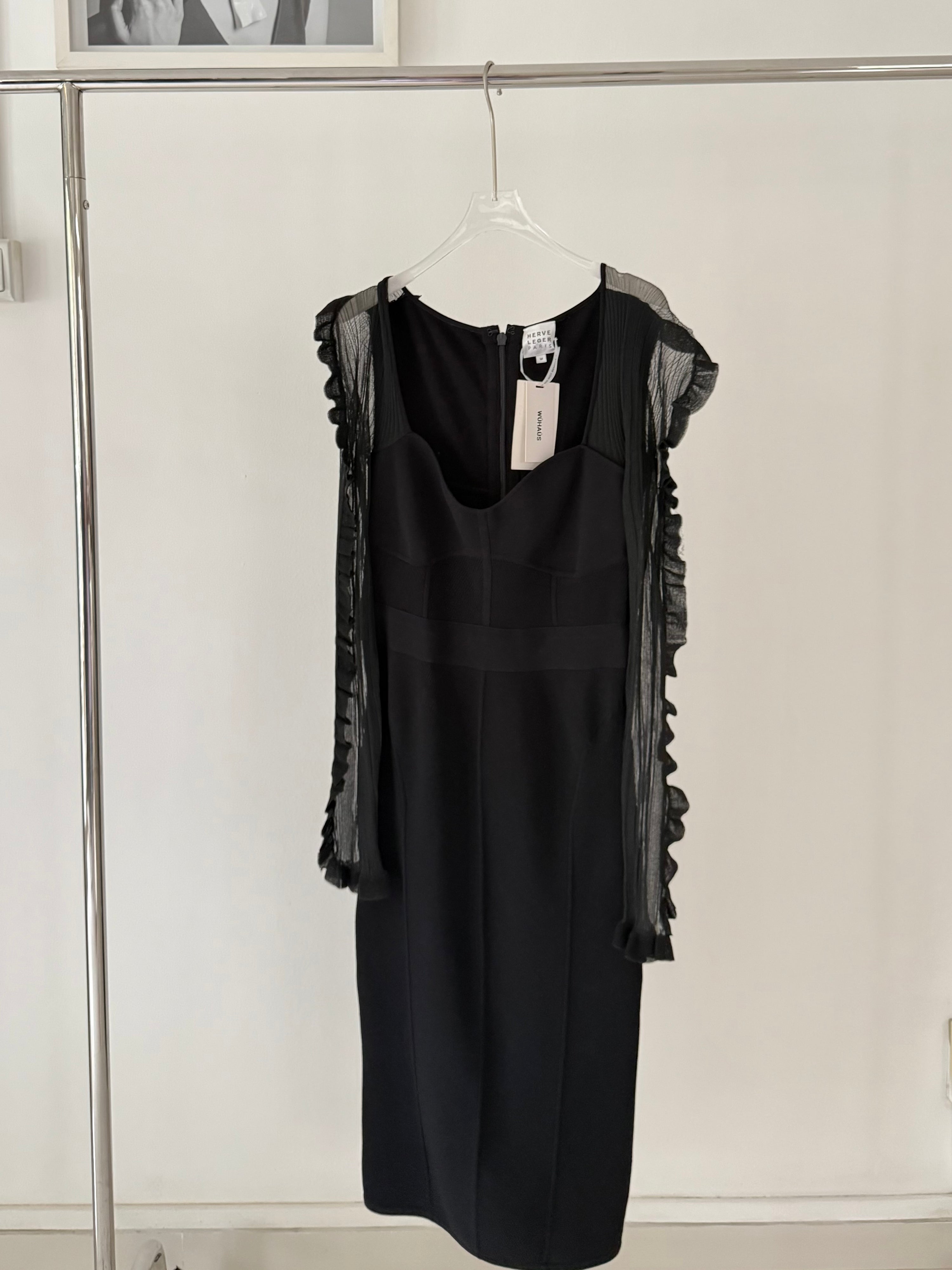 Vintage Herve Leger Black Long Dress with Fan Sleeves