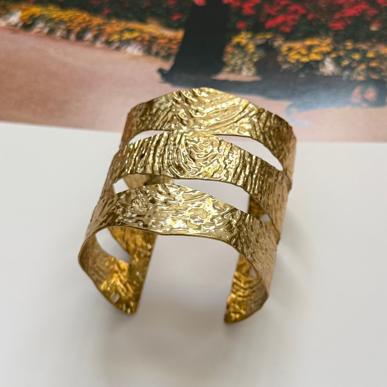 Vintage Hammered Gold Tone Wide Cuff Bracelet