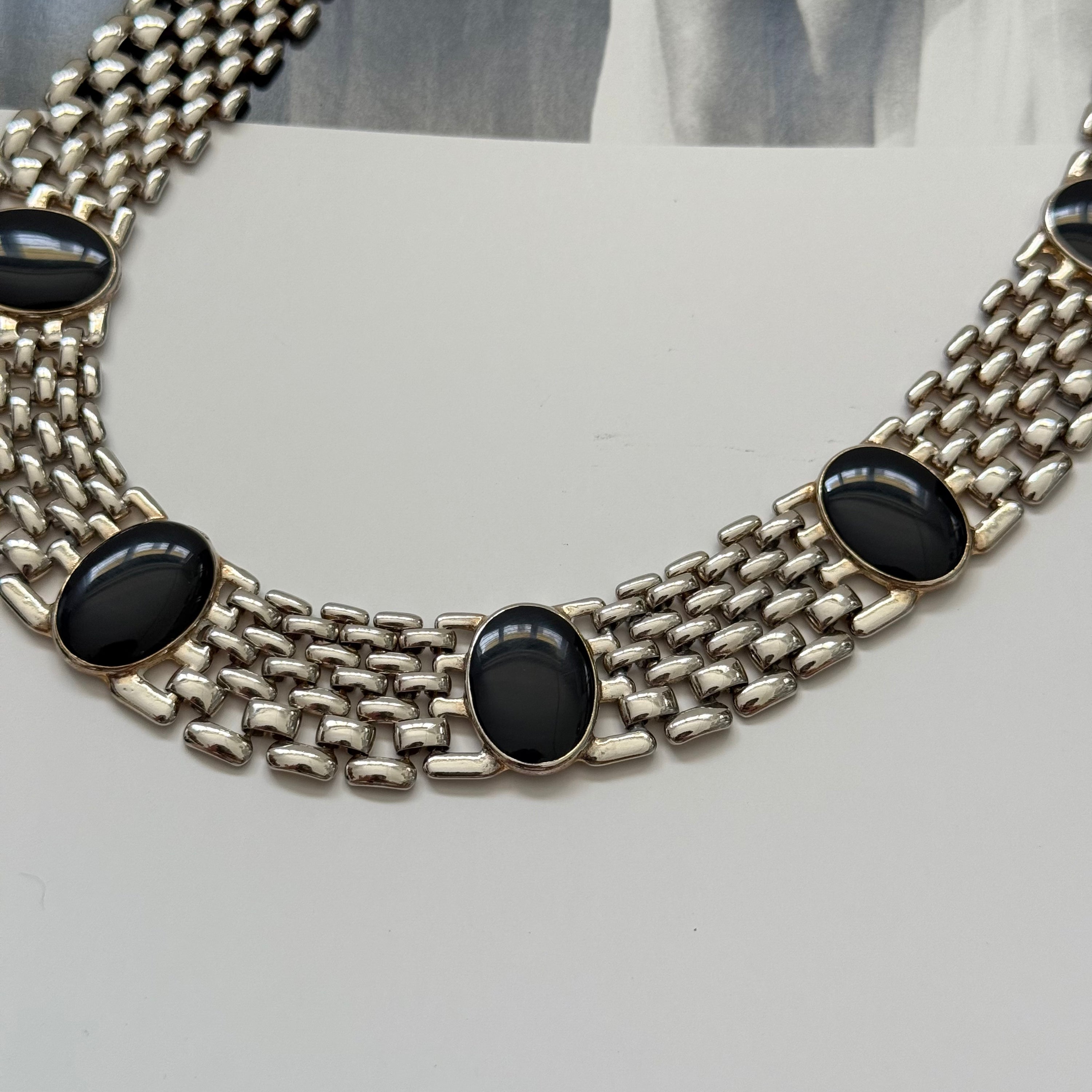 Vintage 1980s Silver Brick Chain With Black Oval Enamels Necklace