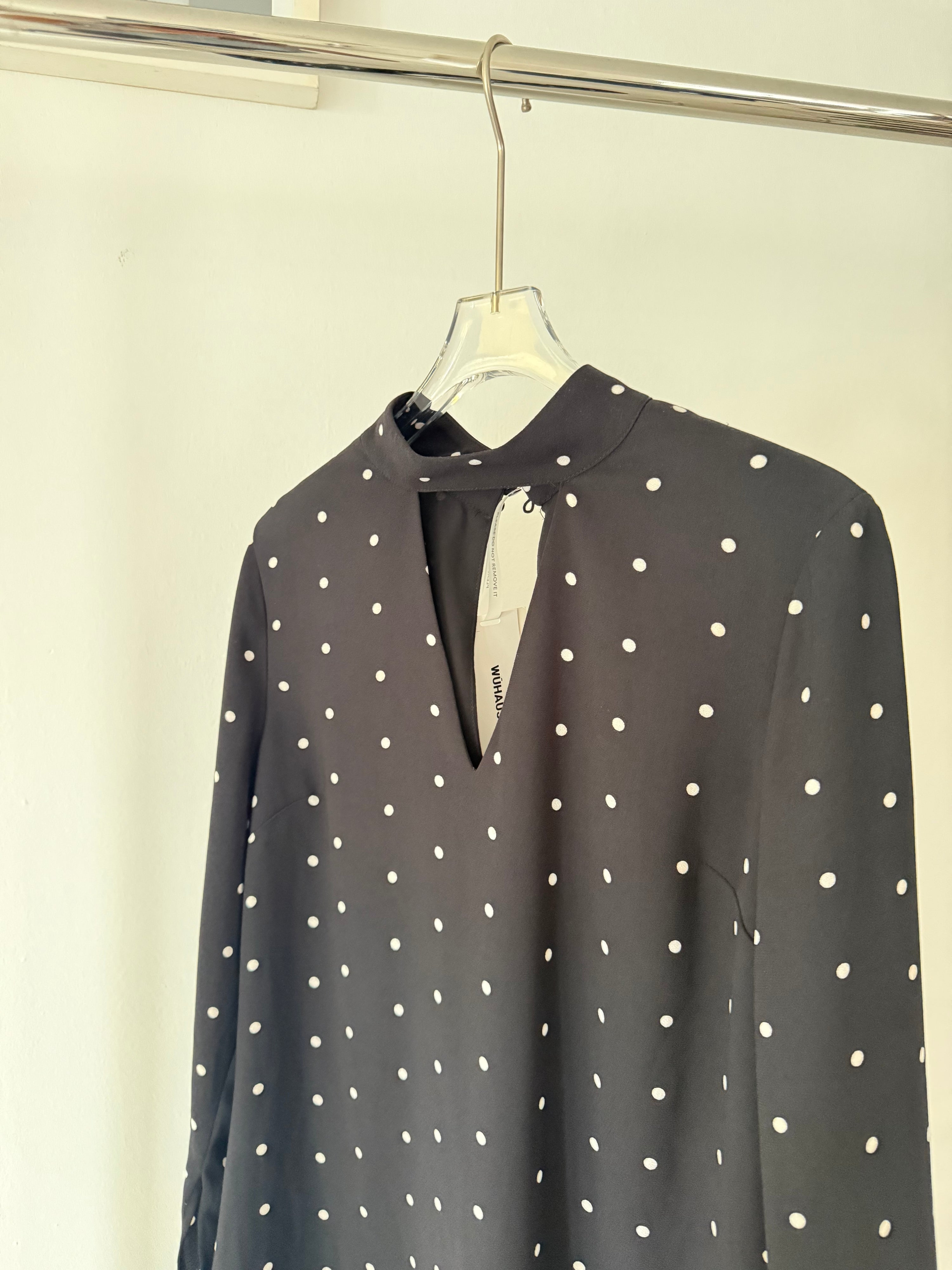 Black Midi Polkadot Ruffled Turtleneck Dress