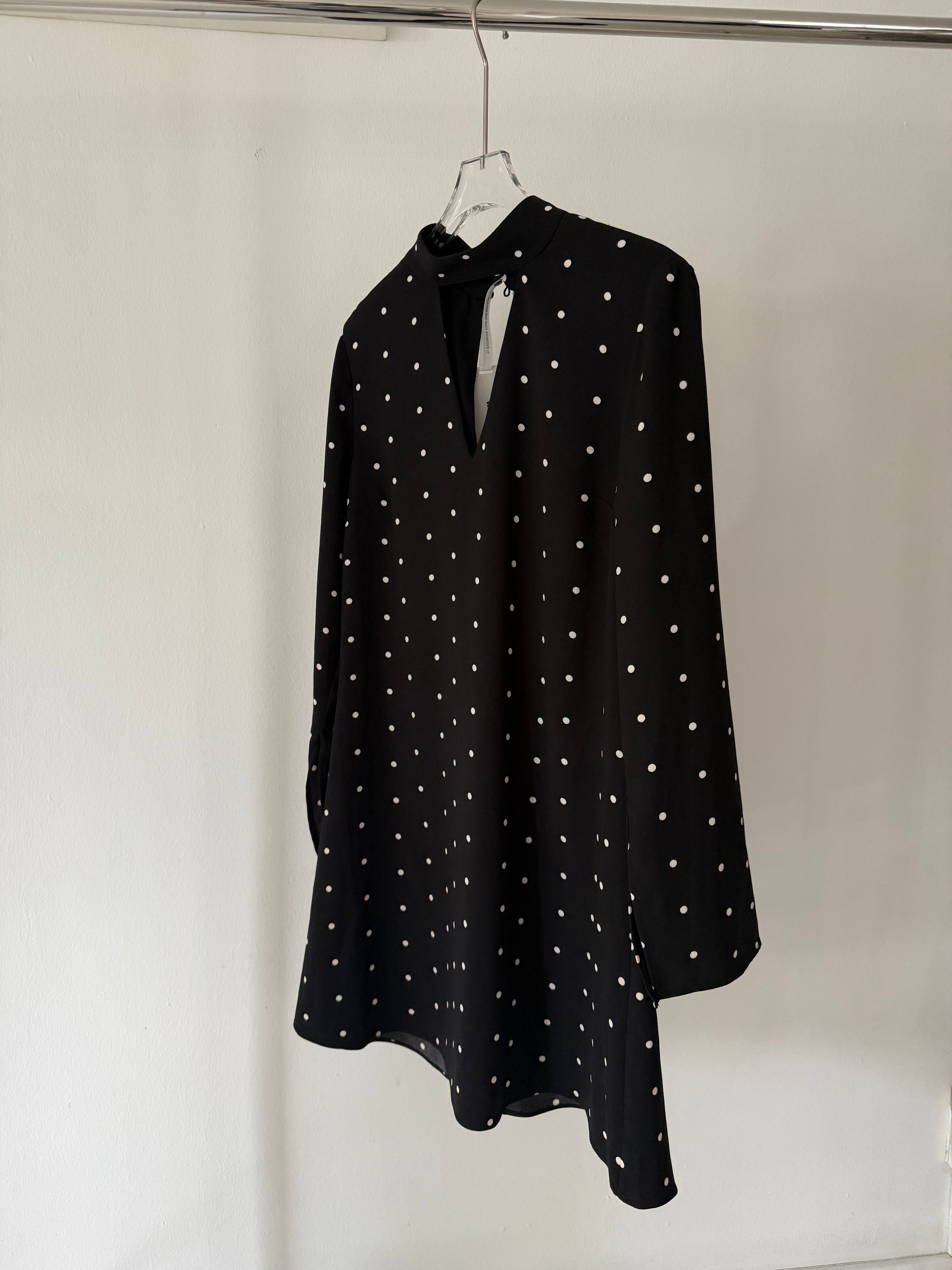 Black Midi Polkadot Ruffled Turtleneck Dress