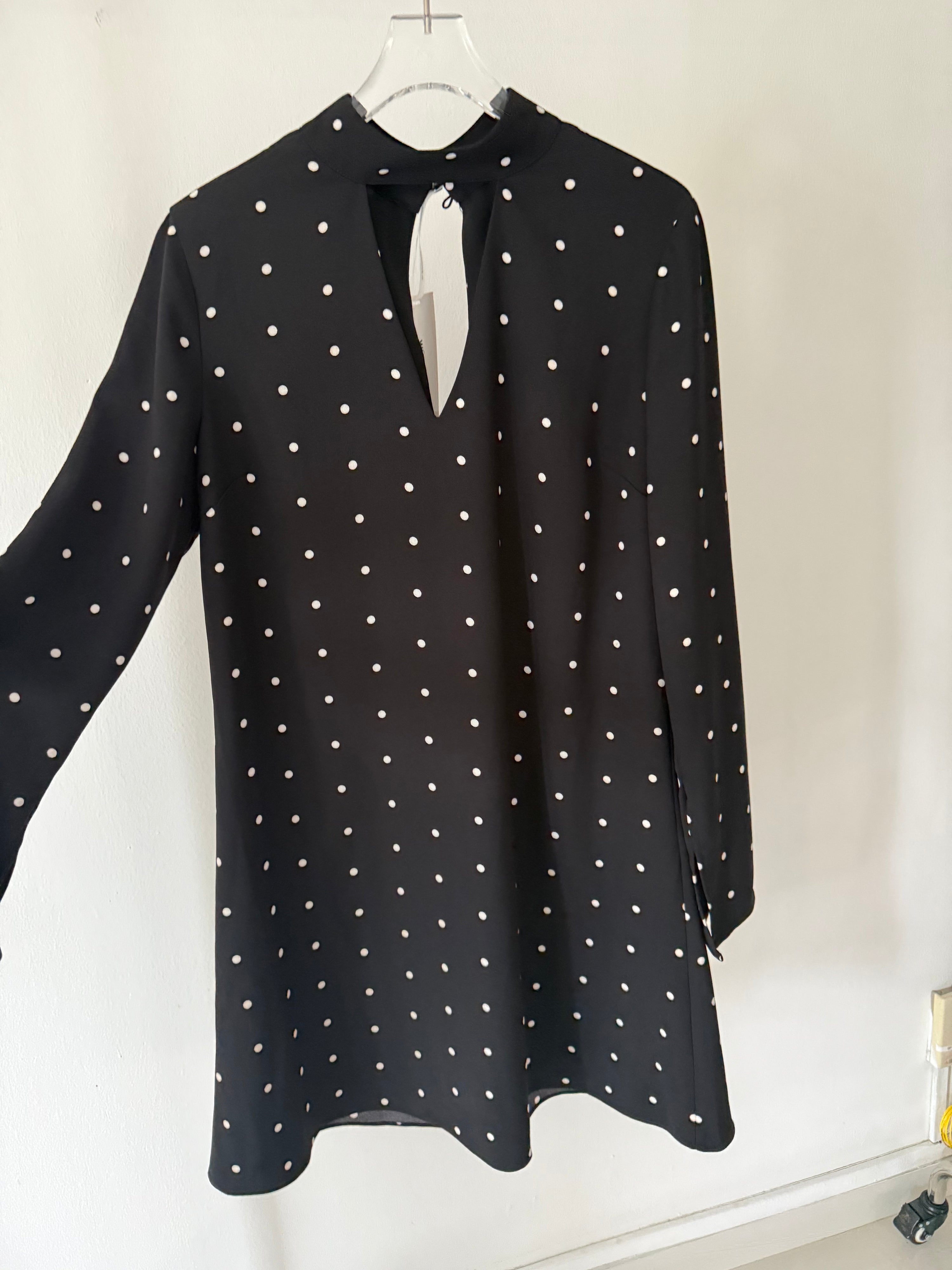 Black Midi Polkadot Ruffled Turtleneck Dress