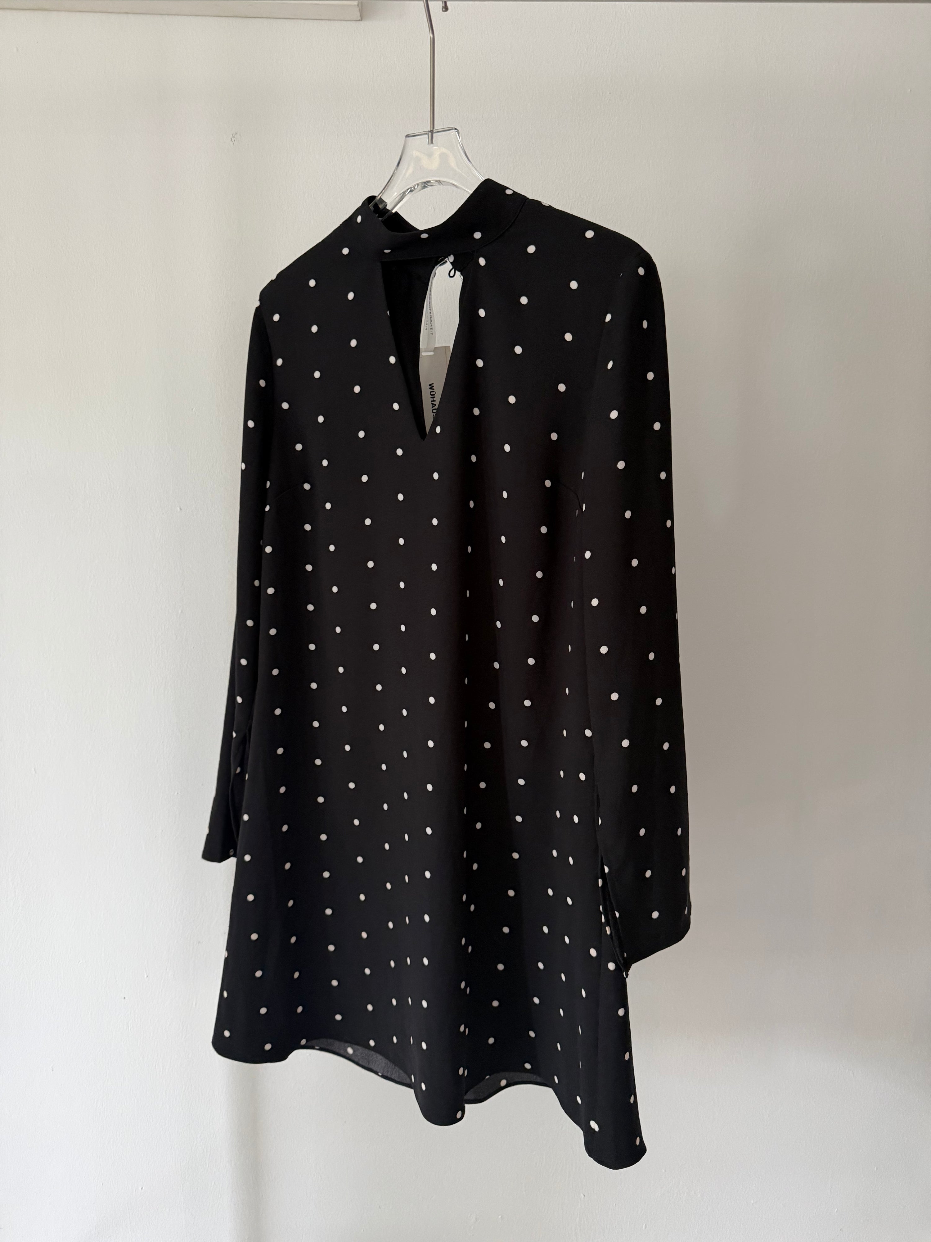 Black Midi Polkadot Ruffled Turtleneck Dress