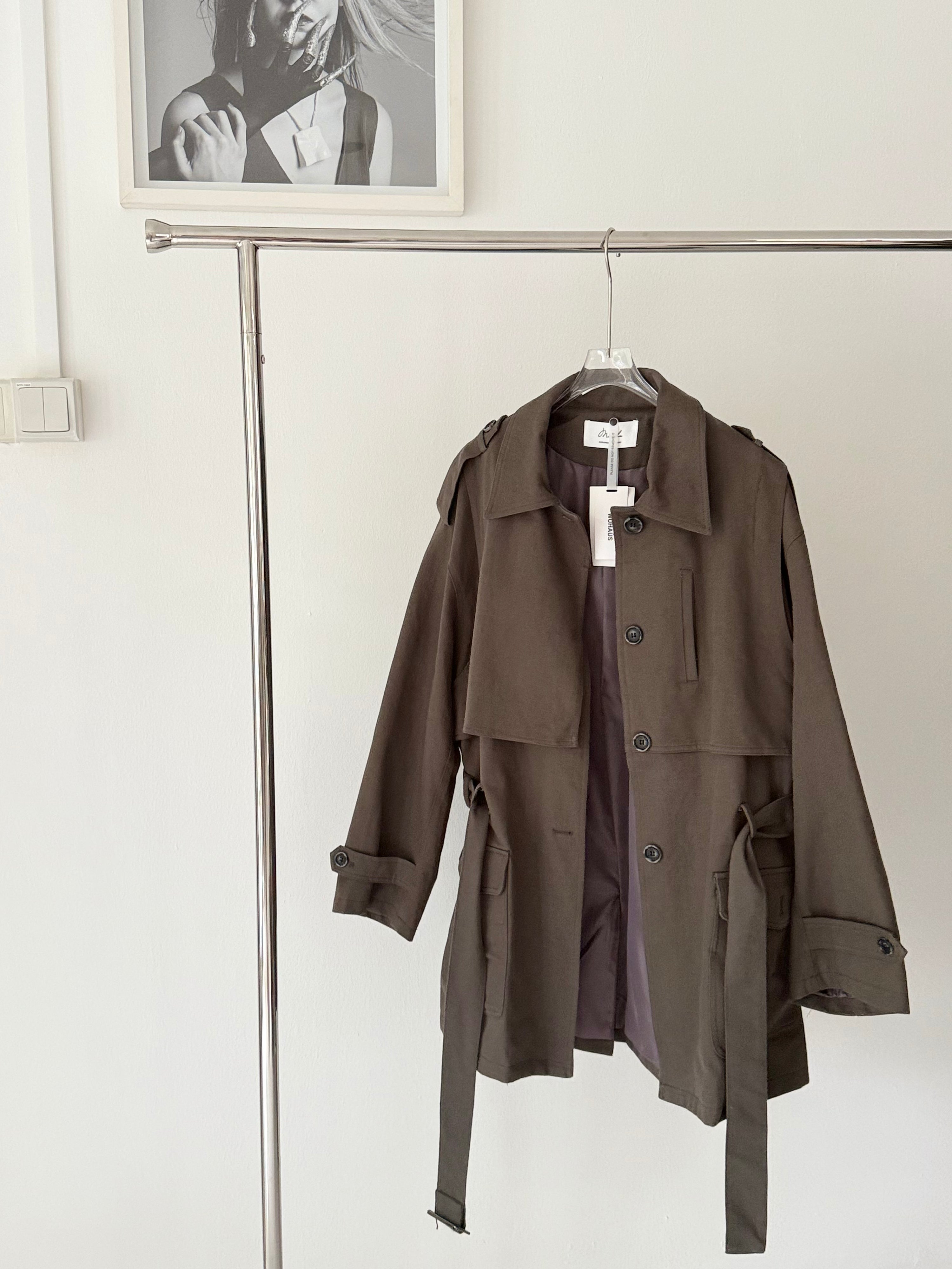 Manshu Taupe Utilitarian Trench Coat
