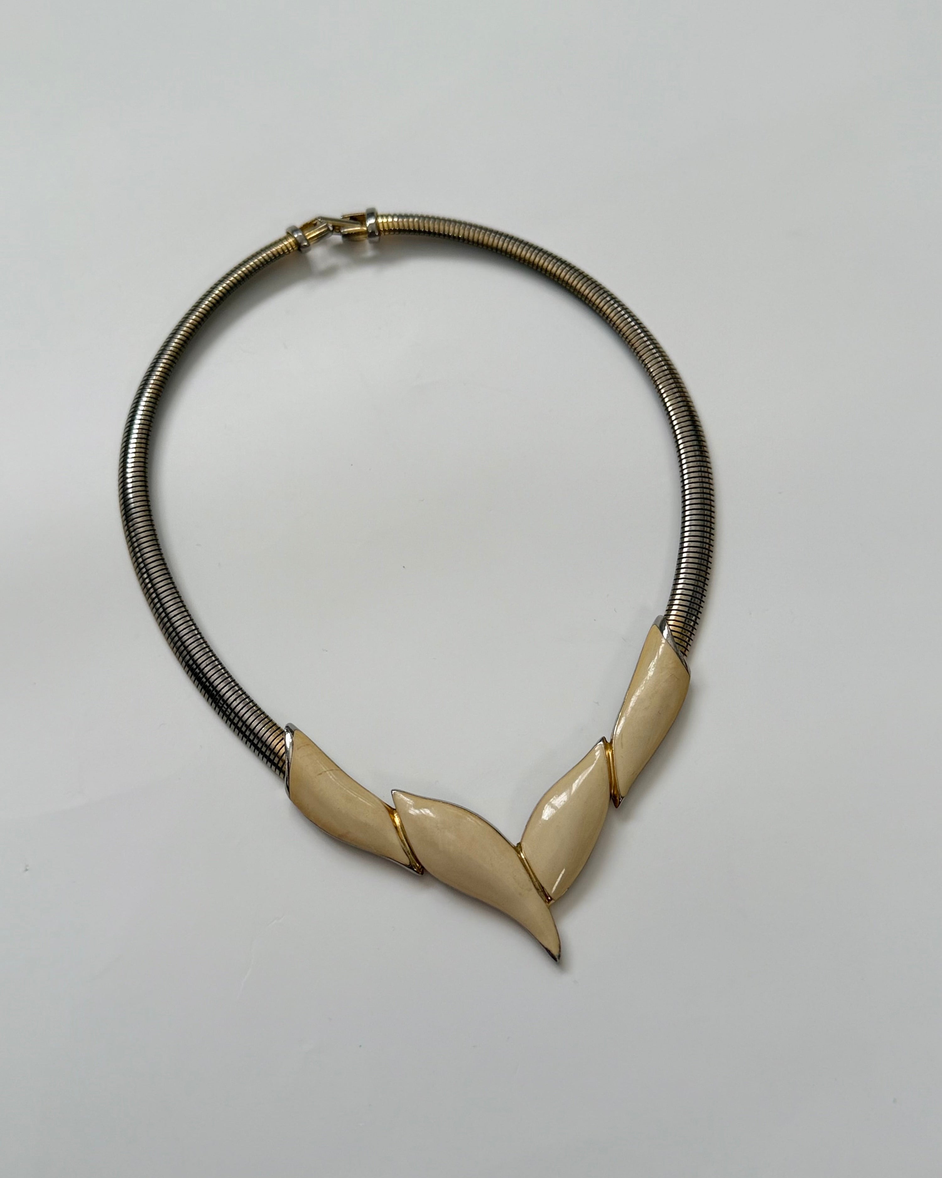 80s Barcs Cream Enamel Floral Motif Omega Choker Necklace