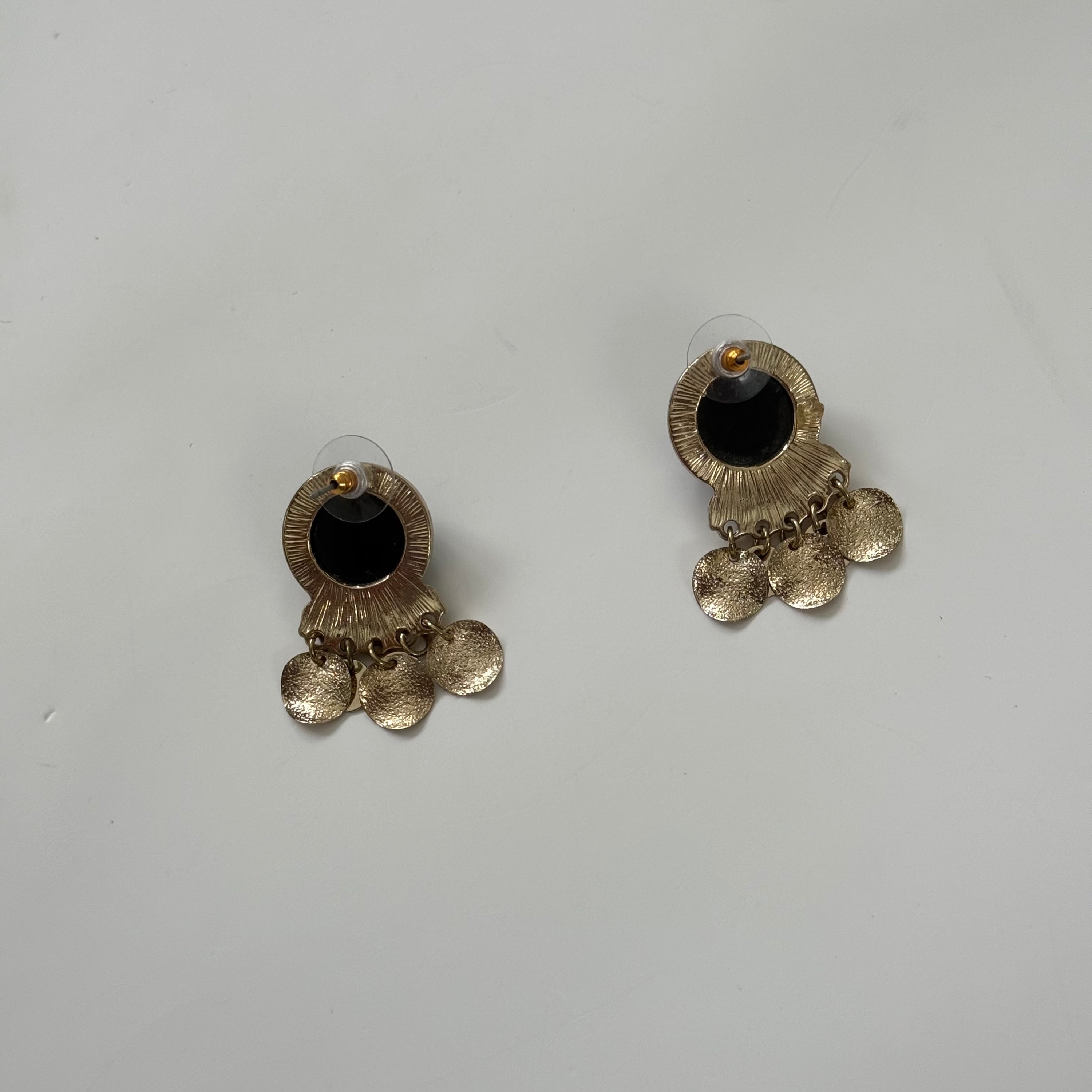 Vintage Dangling Silver With Black Round Enamel Pierced Earrings
