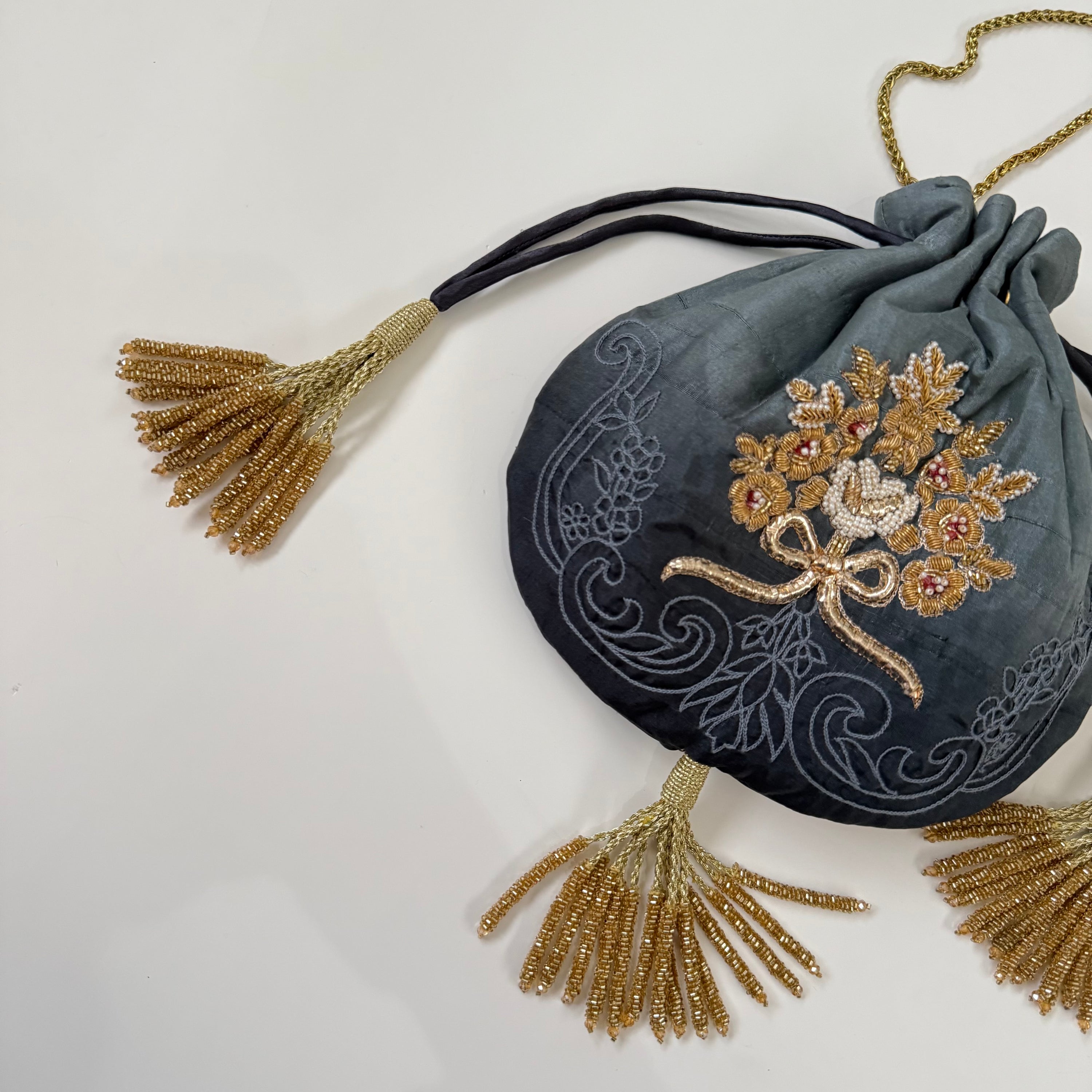 LOVETOBAG Handbeaded Silk Potli Bag in Blue