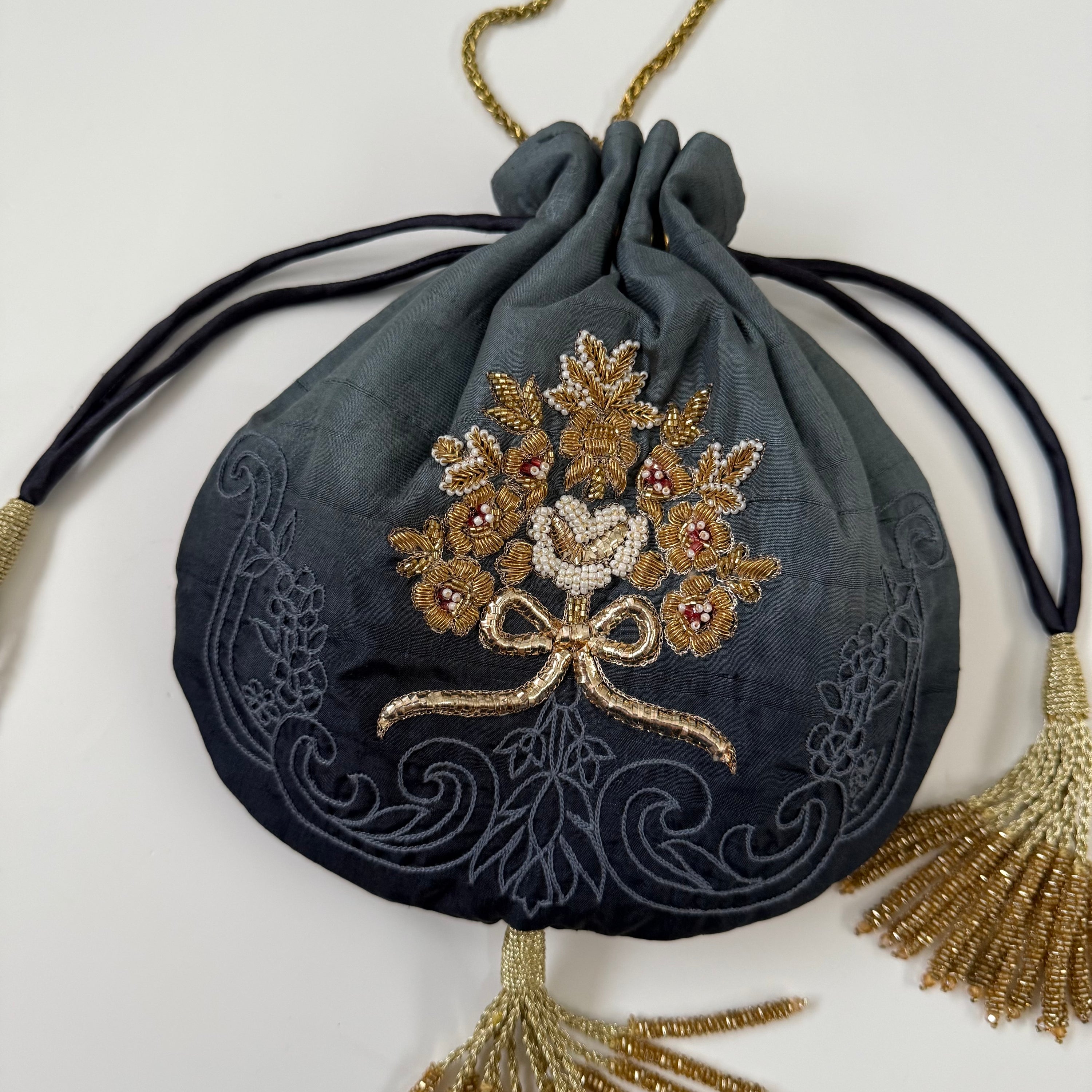 LOVETOBAG Handbeaded Silk Potli Bag in Blue