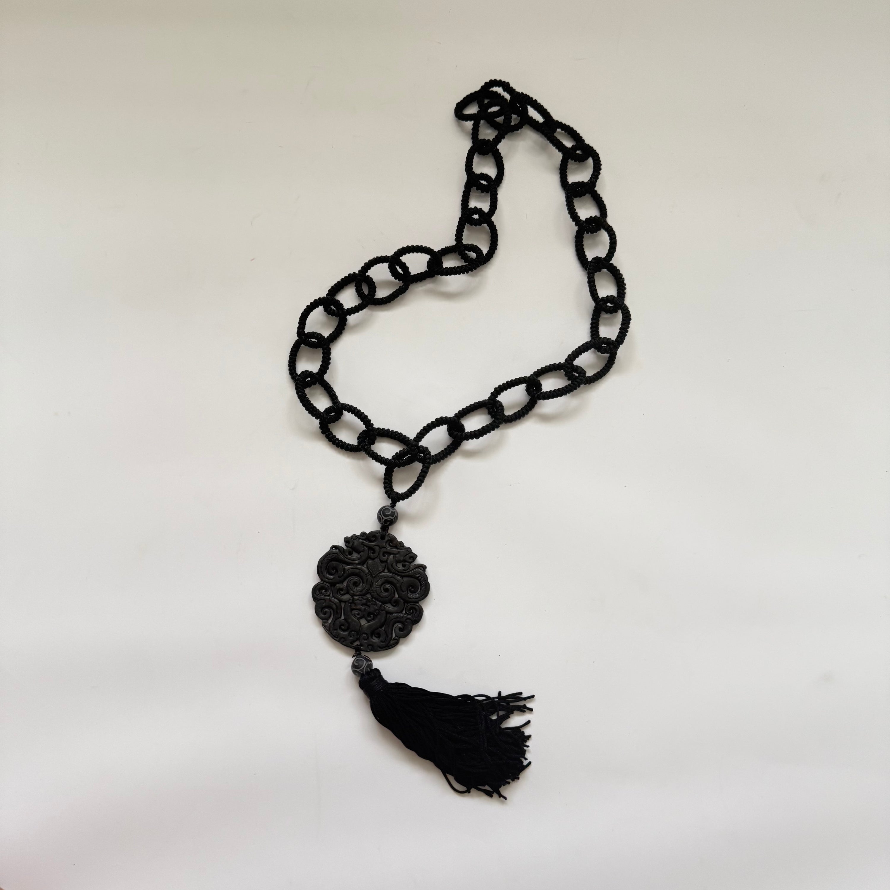 Vintage Long Horn Chain Necklace with Chinese Pendant Tassel