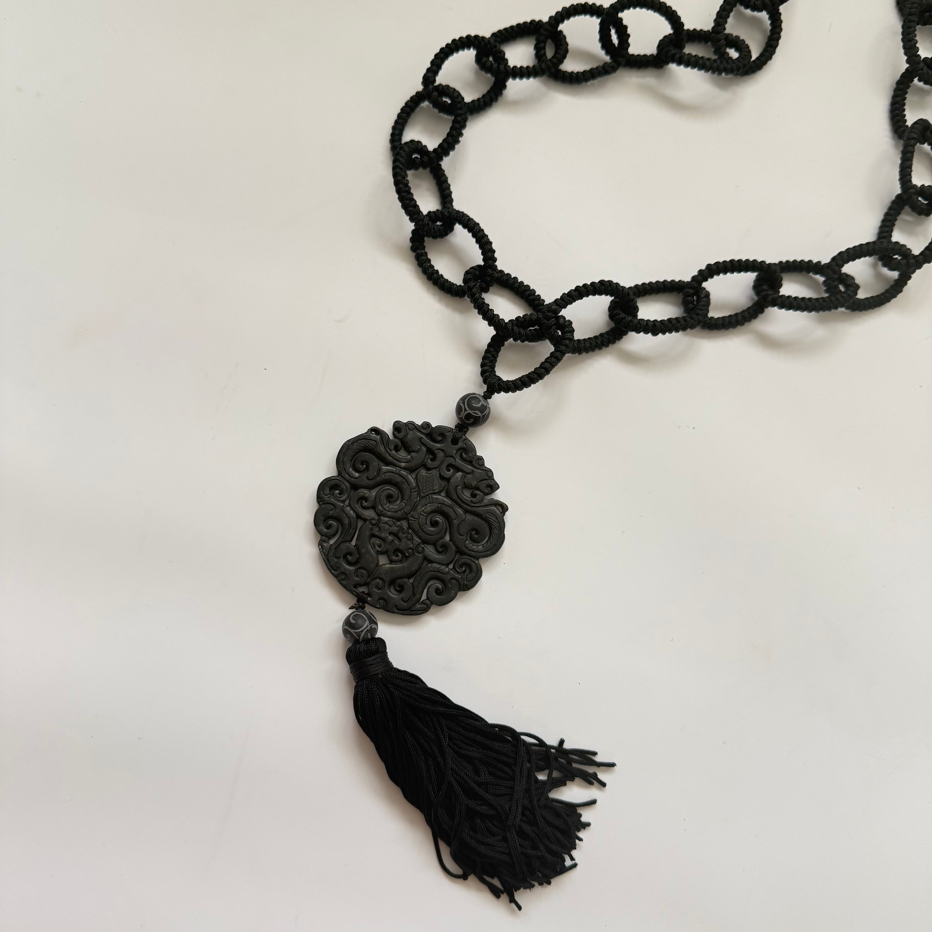 Vintage Long Horn Chain Necklace with Chinese Pendant Tassel