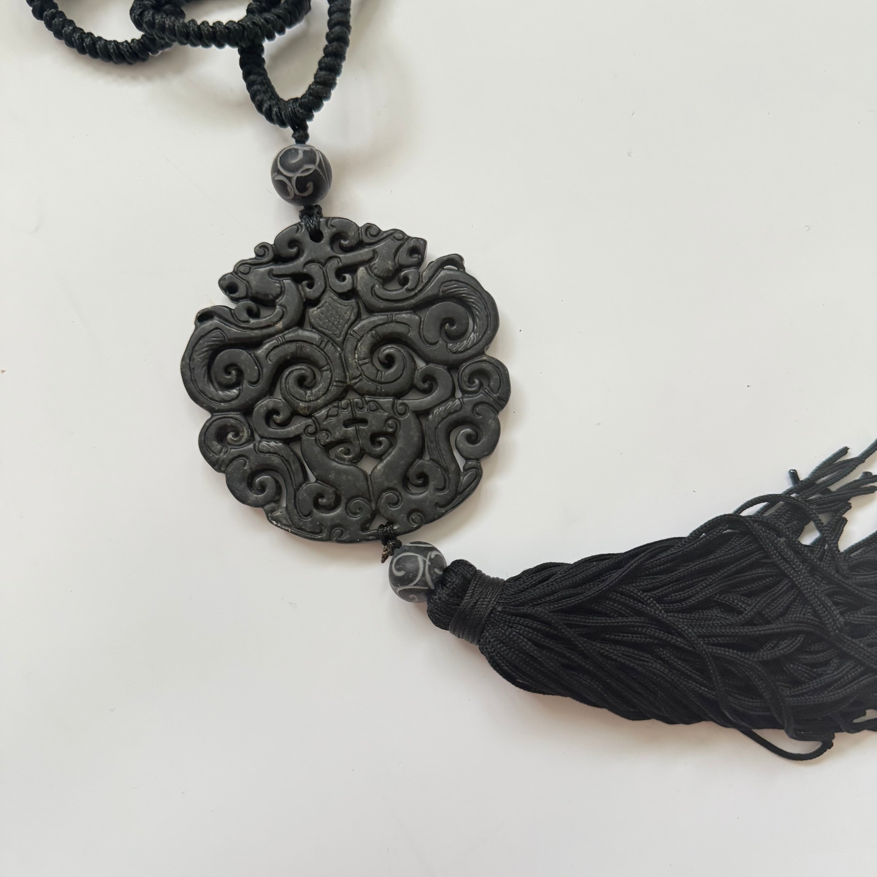 Vintage Long Horn Chain Necklace with Chinese Pendant Tassel