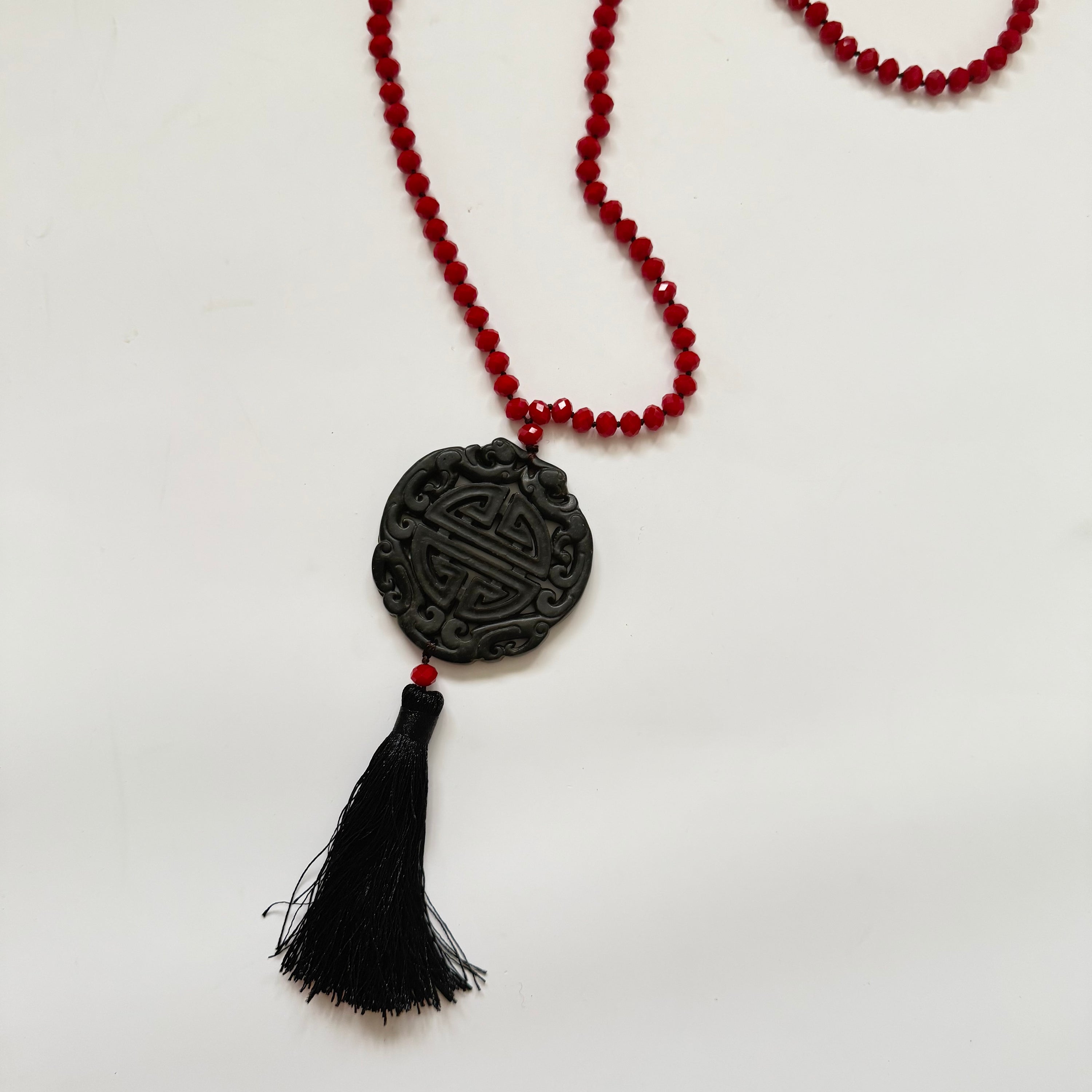 Vintage Tassel Bead Necklace Chinese Oriental Long Necklace