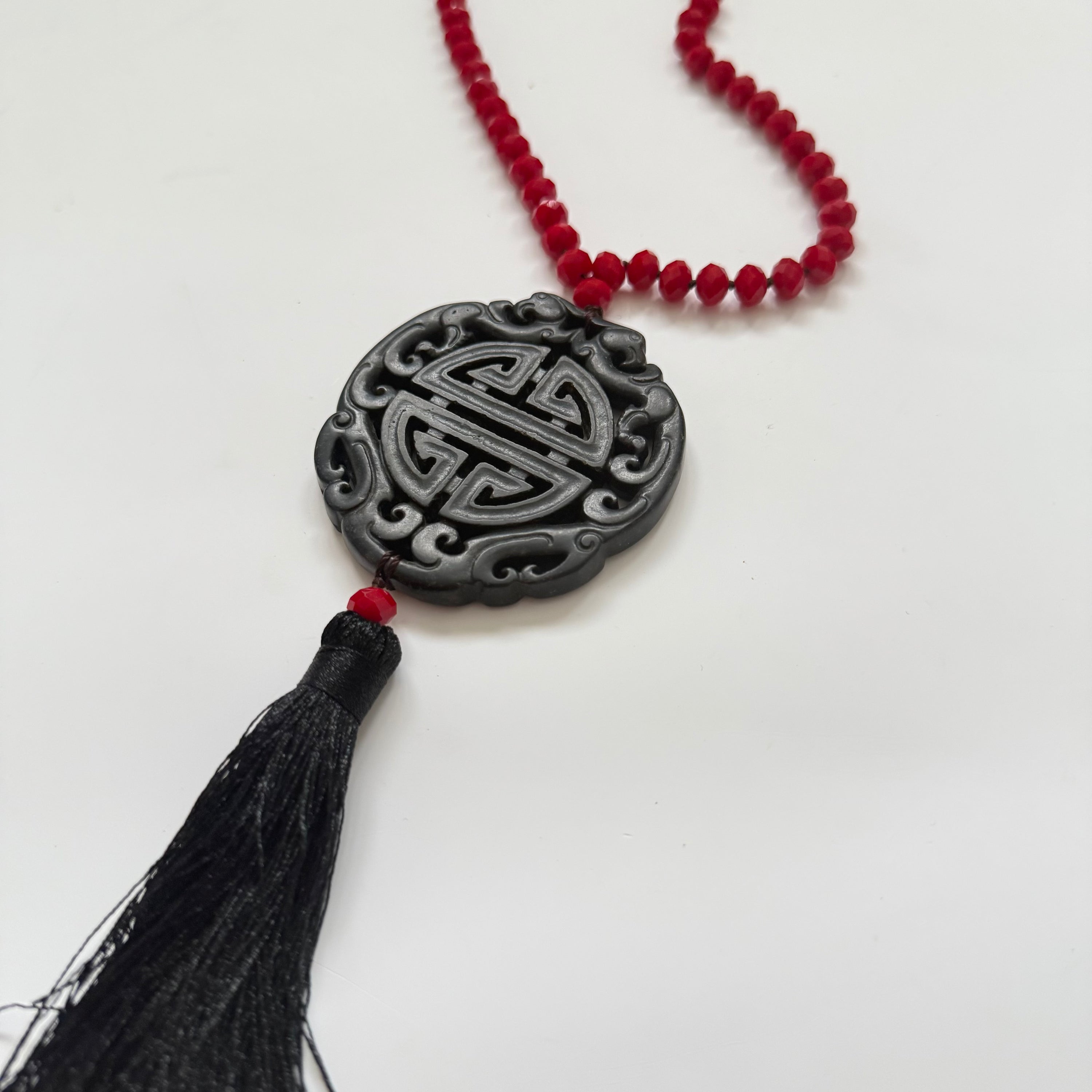 Vintage Tassel Bead Necklace Chinese Oriental Long Necklace